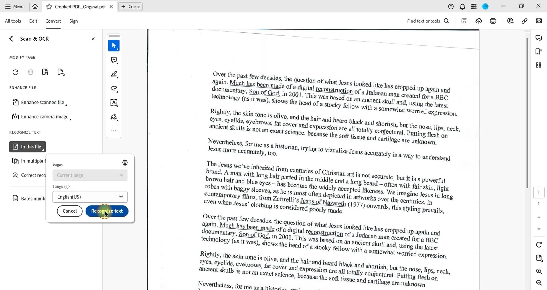 Straighten a Scanned PDF select language to straighten scanned PDF with adobe acrobat