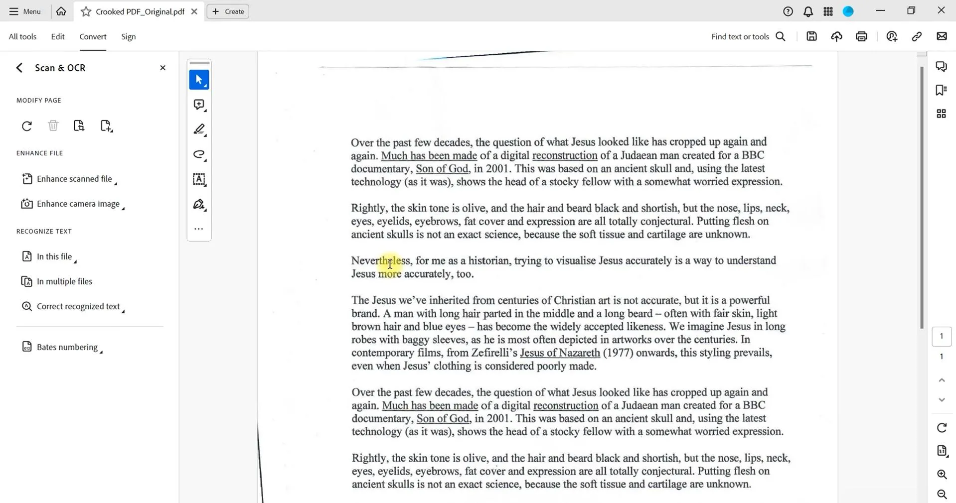 스캔한 PDF를 교정하고 Adobe Acrobat을 사용하여 교정된 PDF를 저장하세요.
