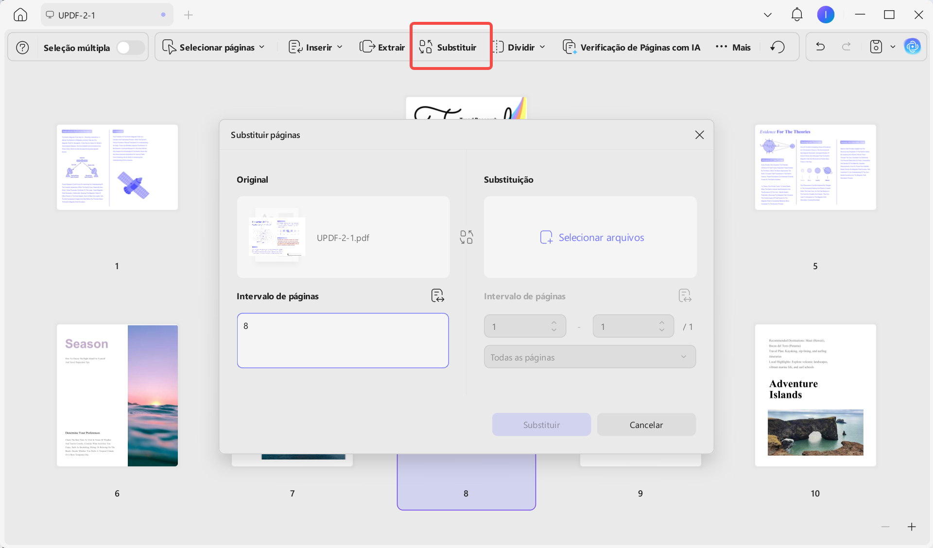 Substituir uma página do PDF no UPDF