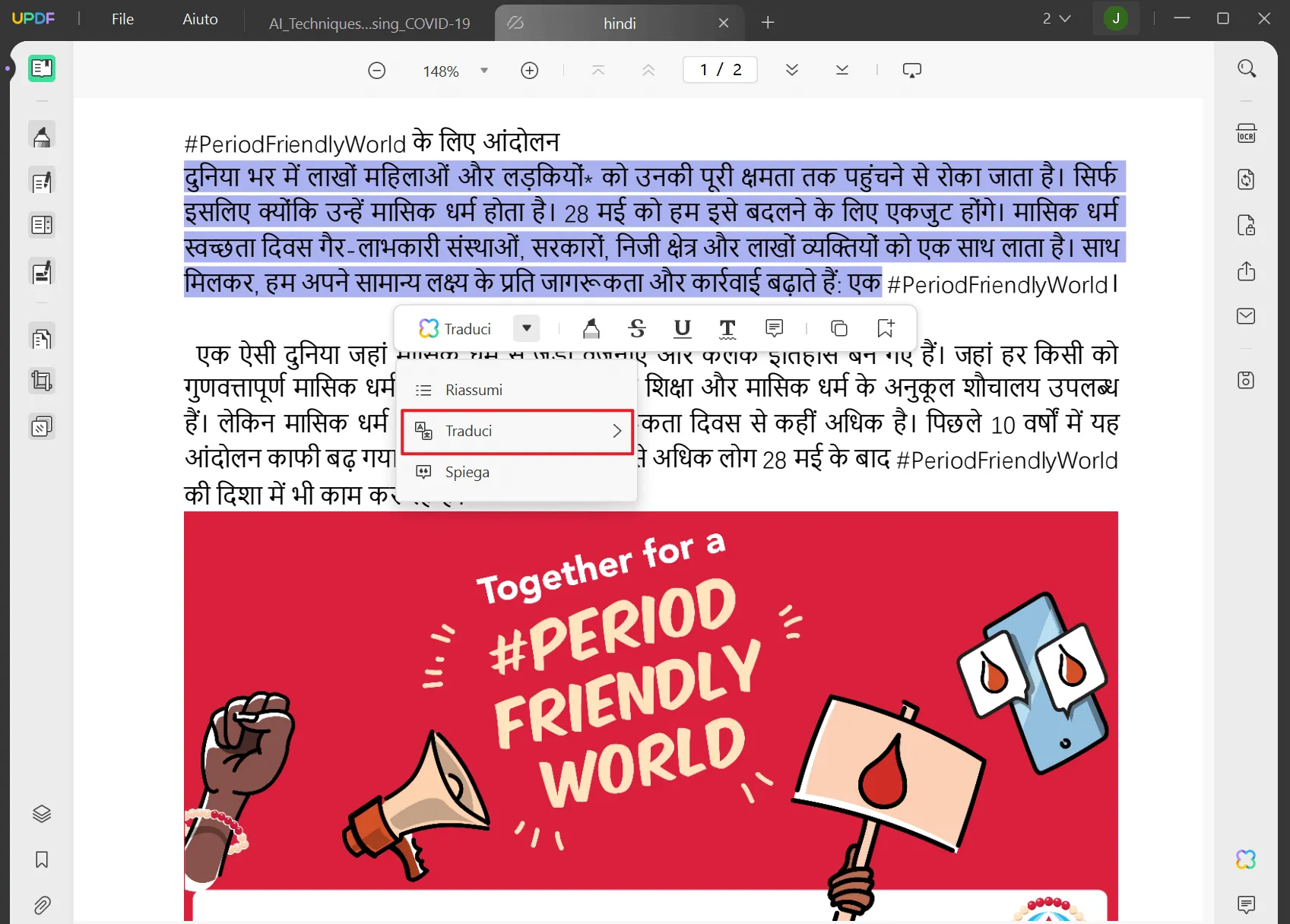 Traduci PDF dall'hindi all'italiano con UPDF AI