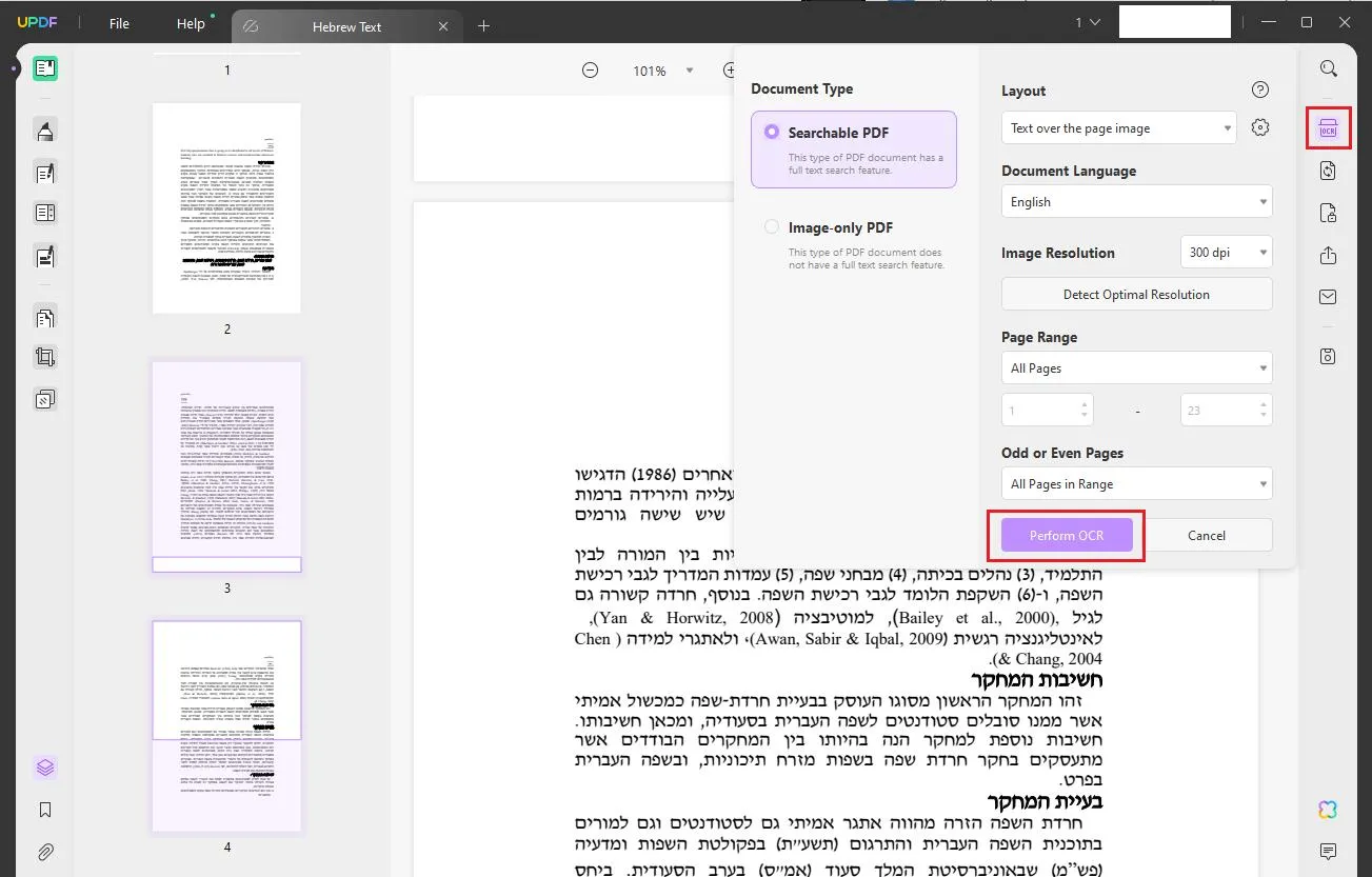 translate hebrew pdf to english choose the OCR to make the hebrew scanned PDF into editable one with UPDF