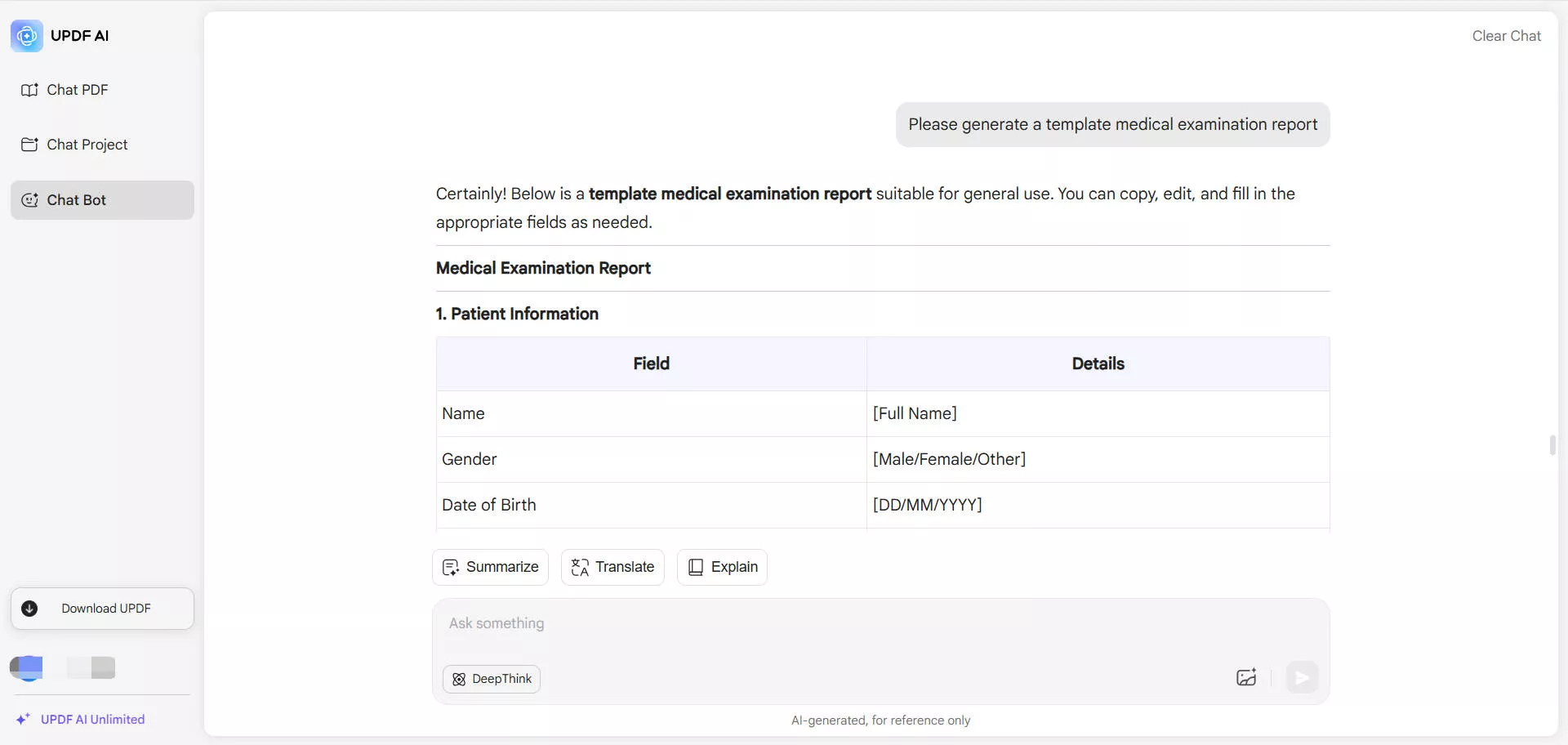 updf ai generate report