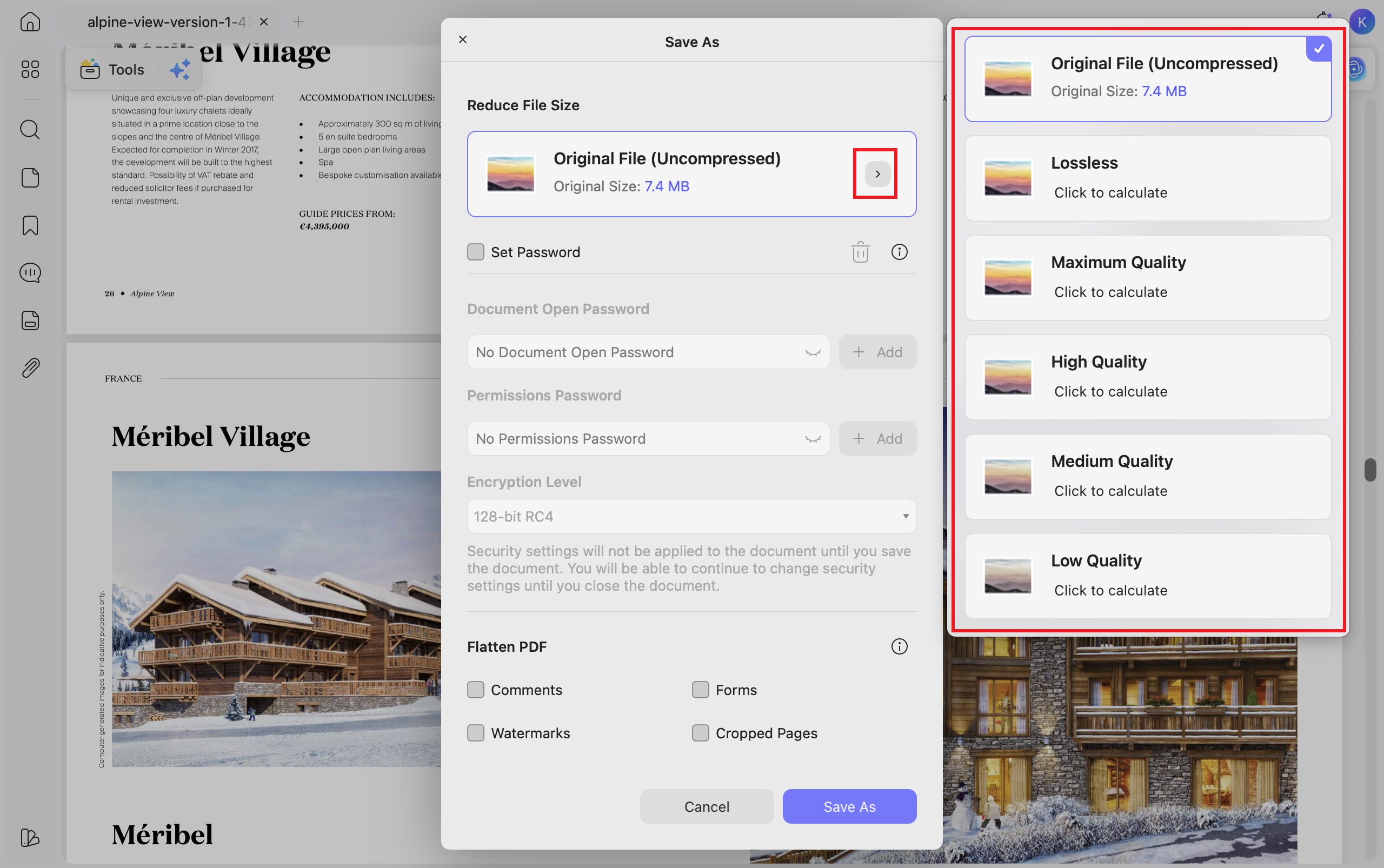 updf mac reduce file size different options