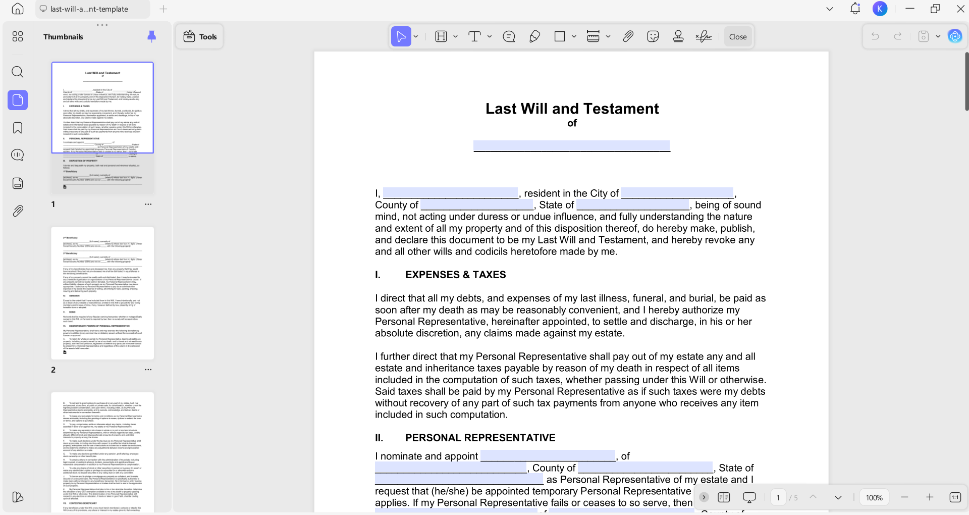 updf recognize last will and testament form fields