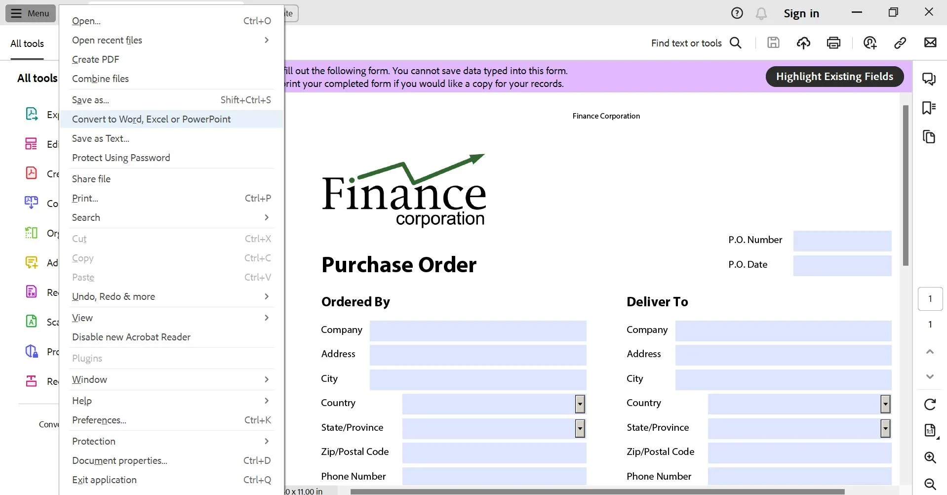 xfa form cannot be edited select the convert to Word, Excel, or Powerpoint option from the menu