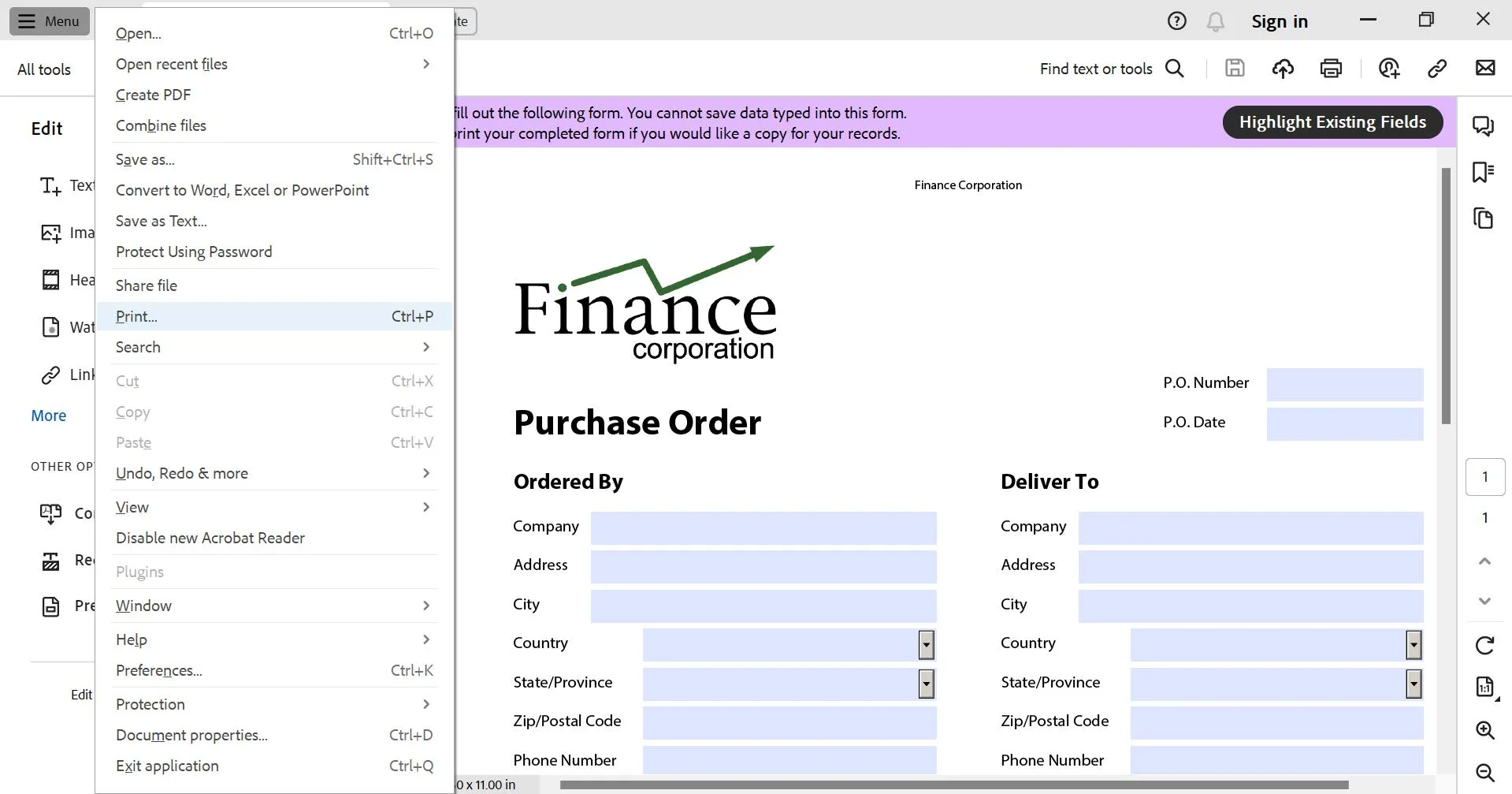 xfa form cannot be edited go to the menu and select print