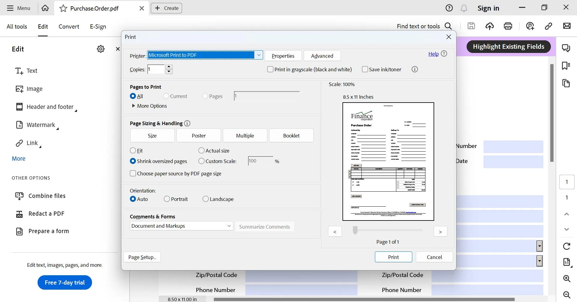 xfa form cannot be edited choose Microsoft Print to PDF as printer and click print