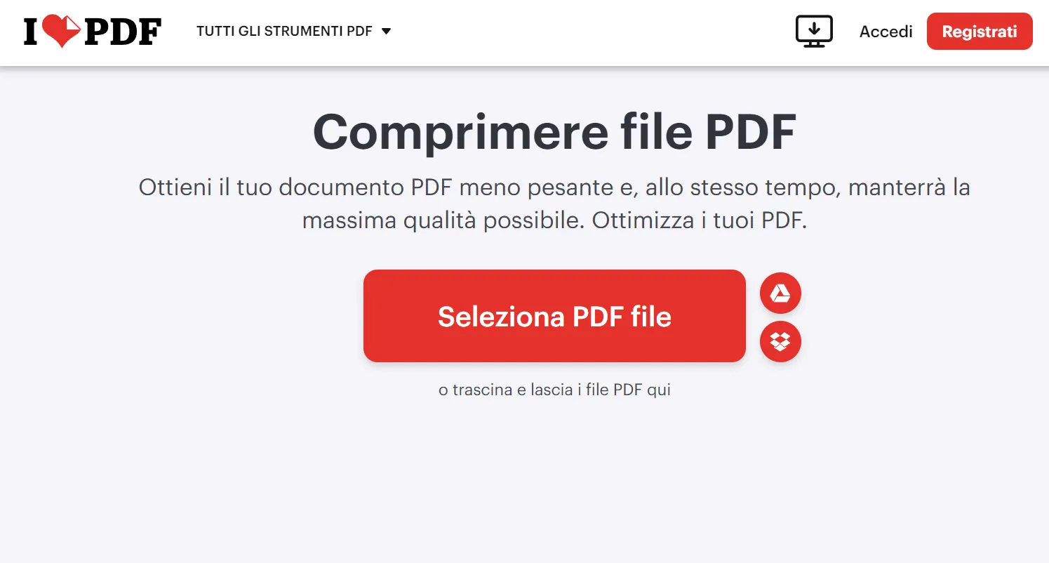 Comprimere file PDF in iLovePDF