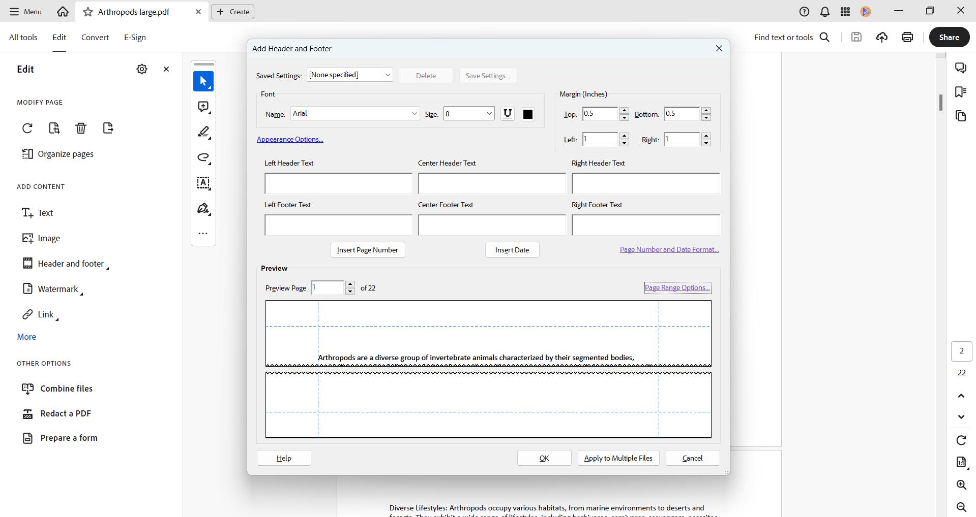 customize the header and footer setting in the Adobe Acrobat