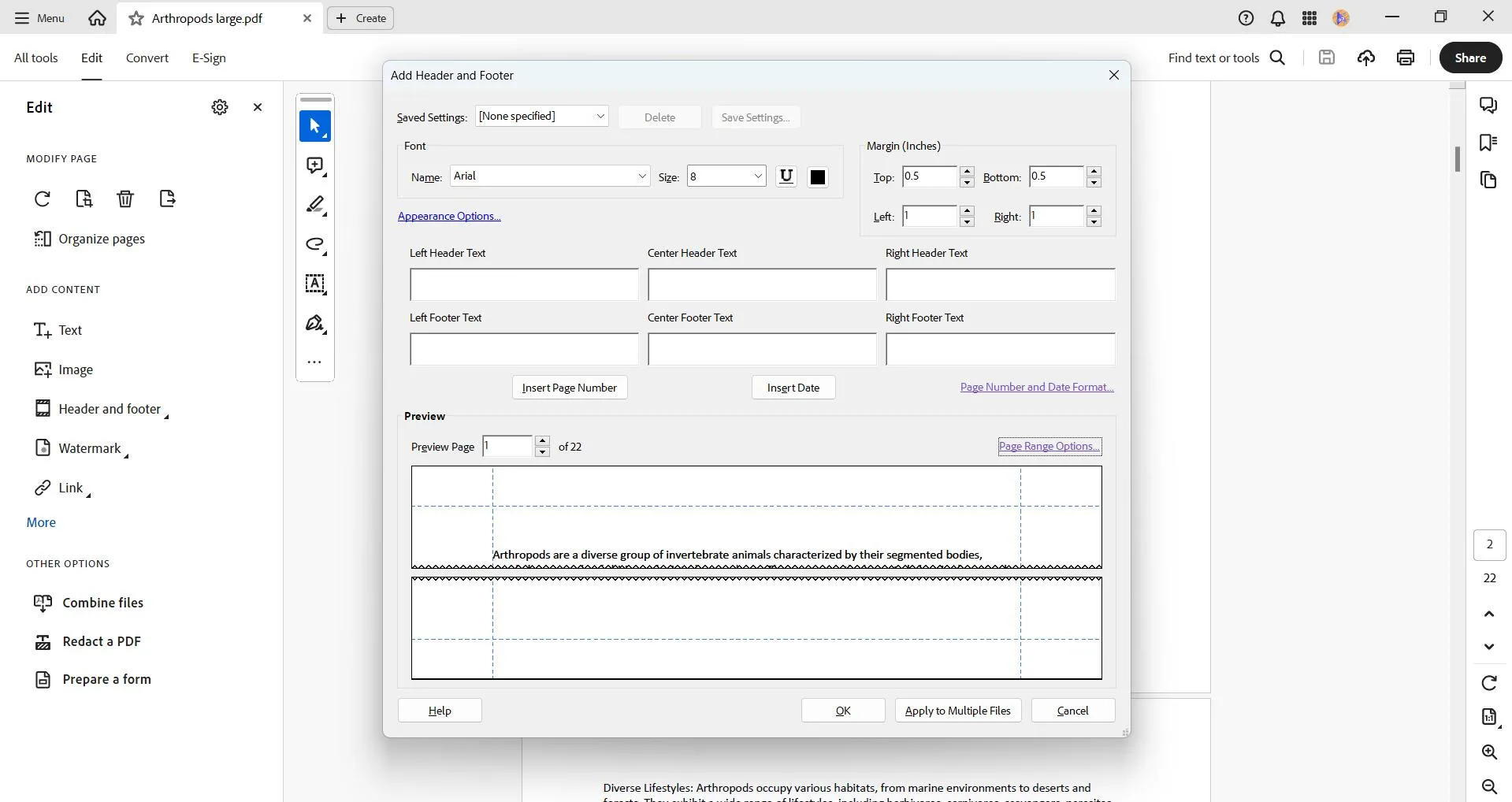 customize the header and footer setting in the Adobe Acrobat