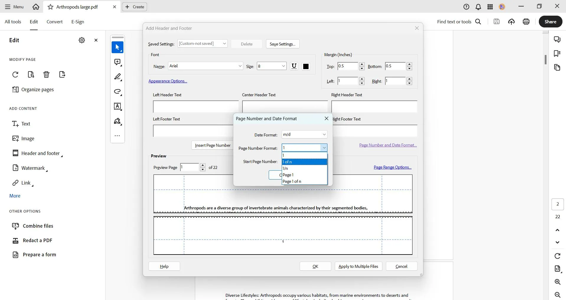 click on the page number and date format option in Adobe Acrobat