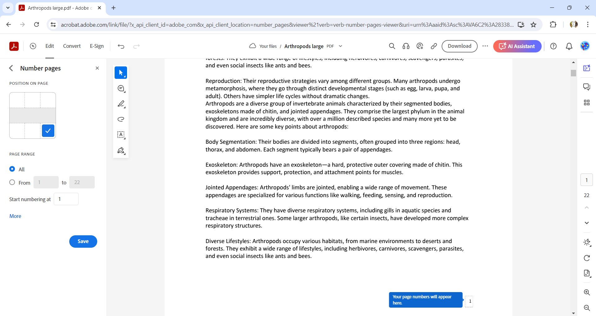 customize the page number of PDF with Adobe Acrobat Online