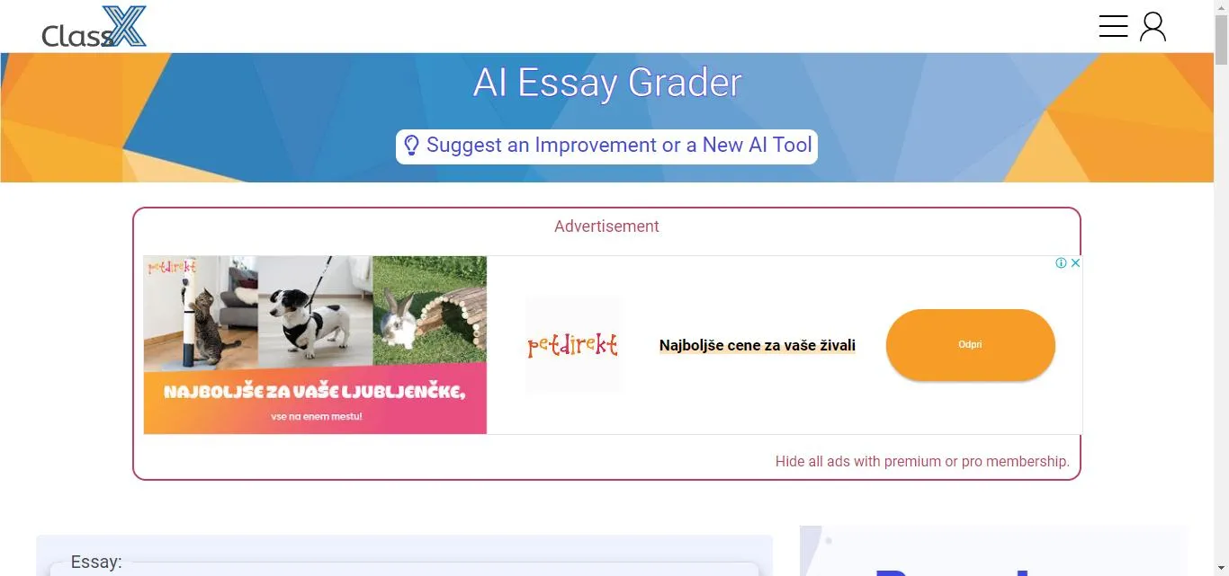 classx ai essay grader homepage.