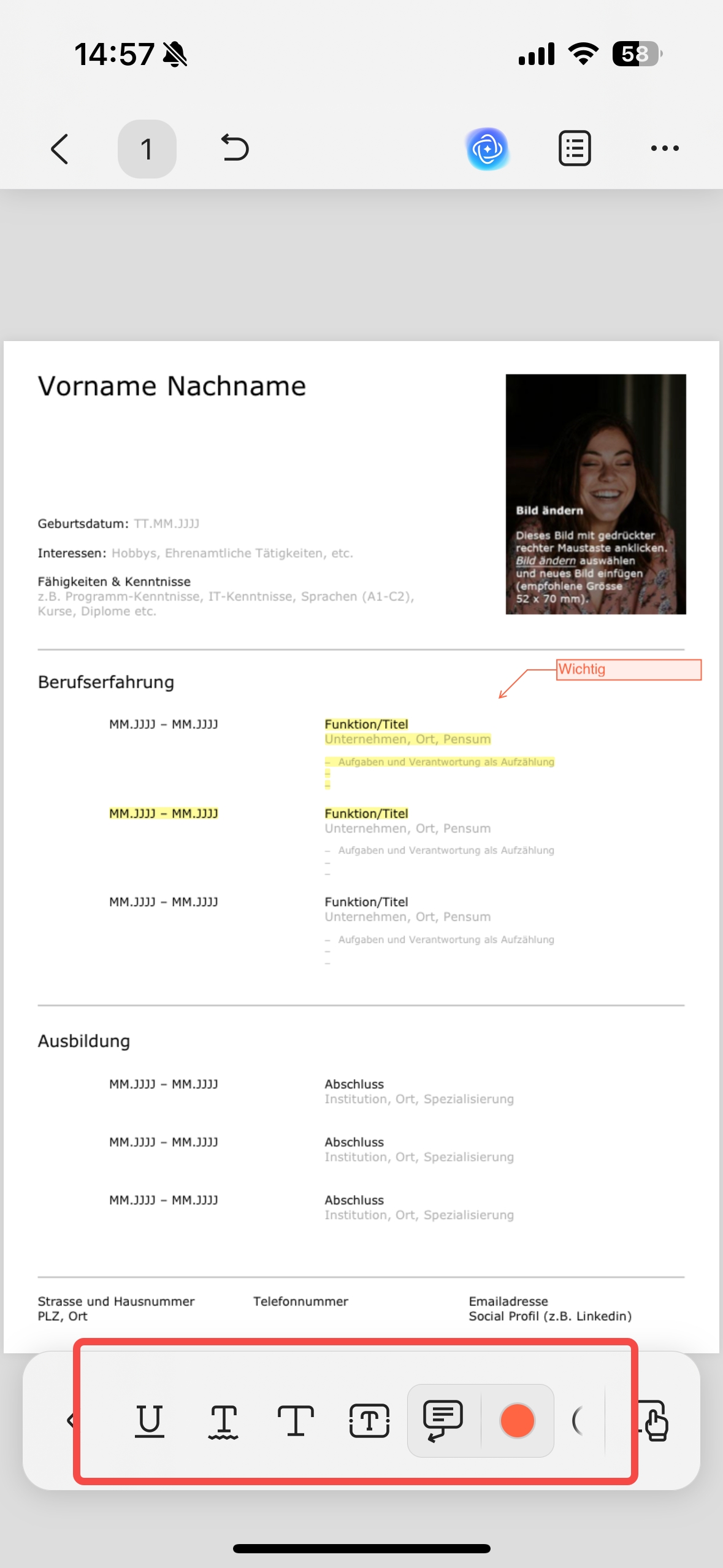 PDF-Lebenslauf auf iPhone bearbeiten