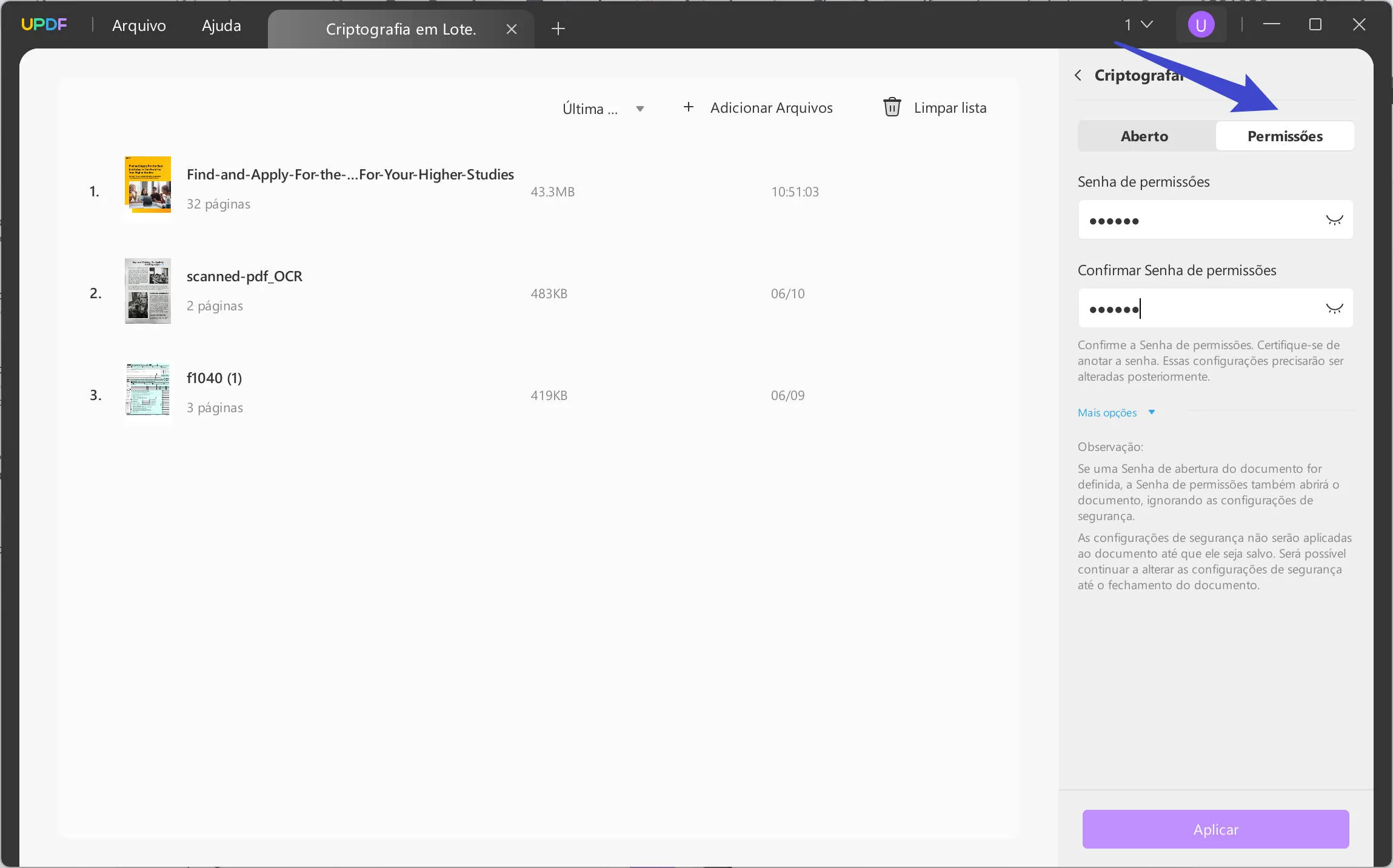 criptografia em lote de permissões de PDF