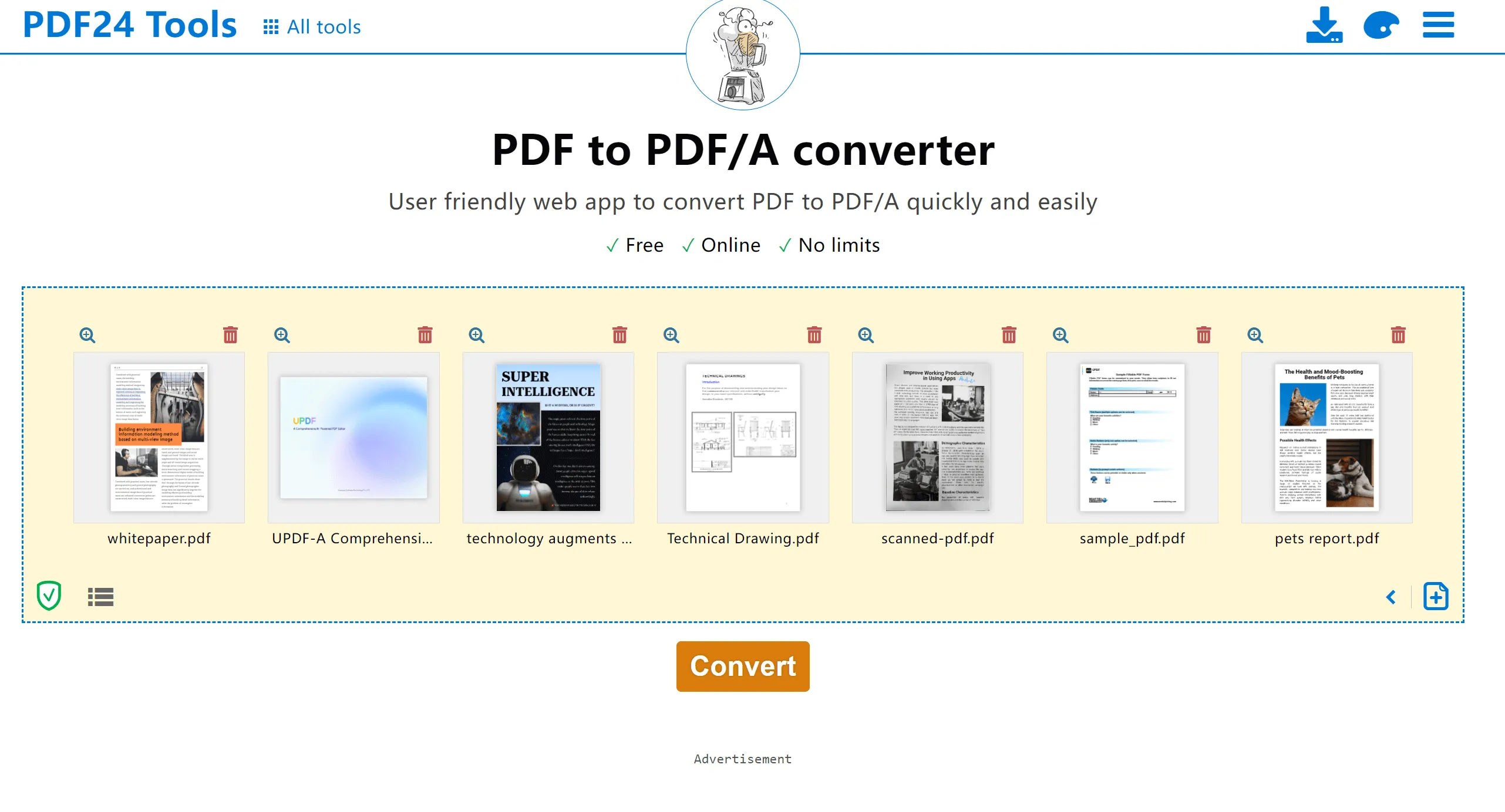 Click on the convert to convert PDF to PDF/A in batch with PDF24tools
