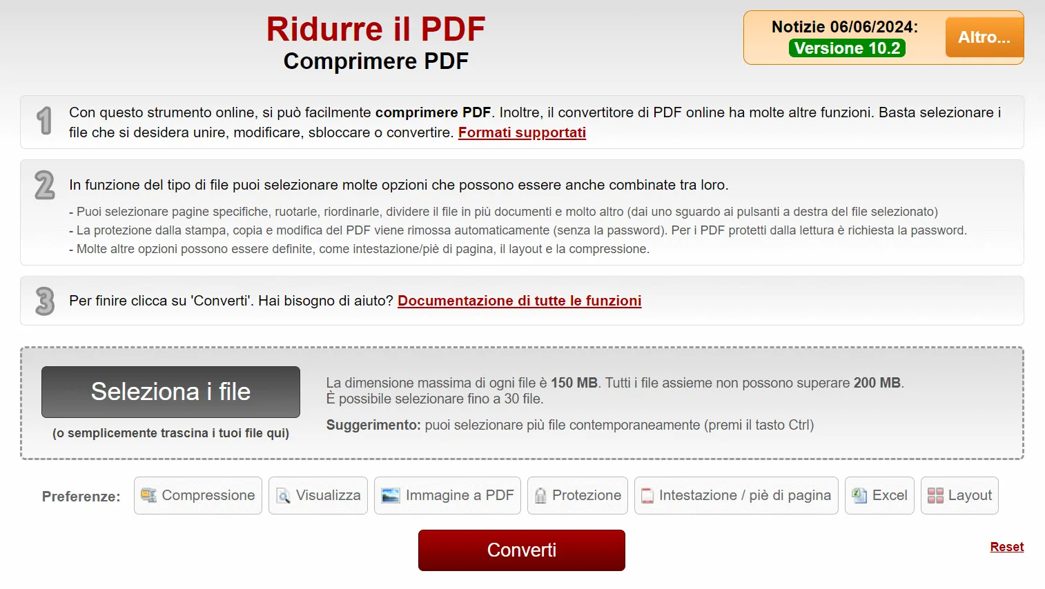 Ridurre le dimensioni dei PDF online con Online2PDF