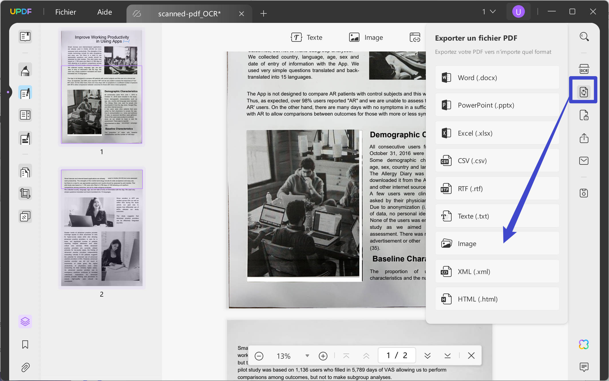 Redresser un PDF numérisé, convertir un PDF numérisé en images avec UPDF