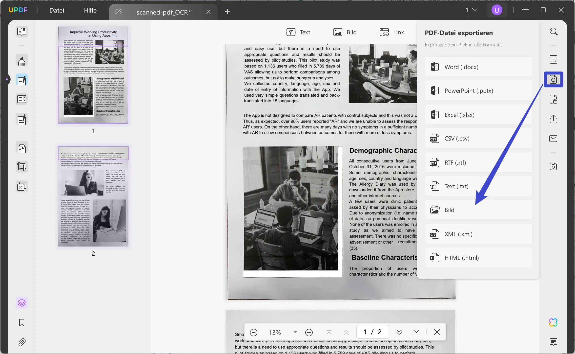 Gescannte PDF-Dateien begradigen Gescannte PDF-Dateien mit UPDF in Bilder umwandeln