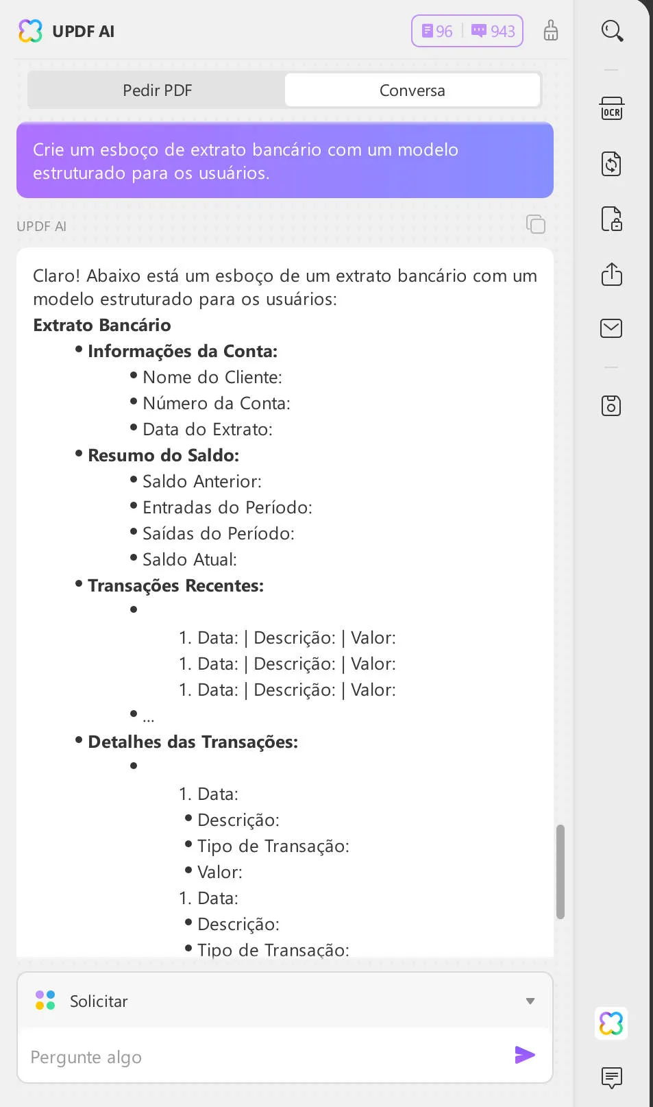 criar um esboço de extrato bancário