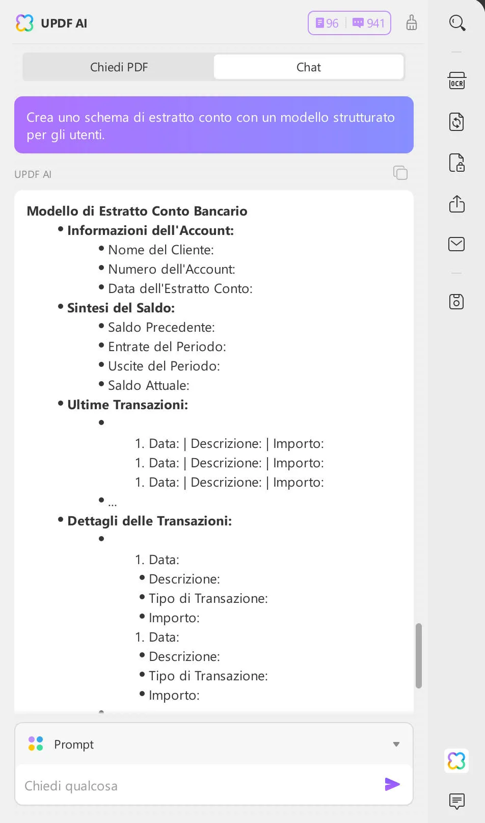 creare uno schema dell'estratto conto bancario