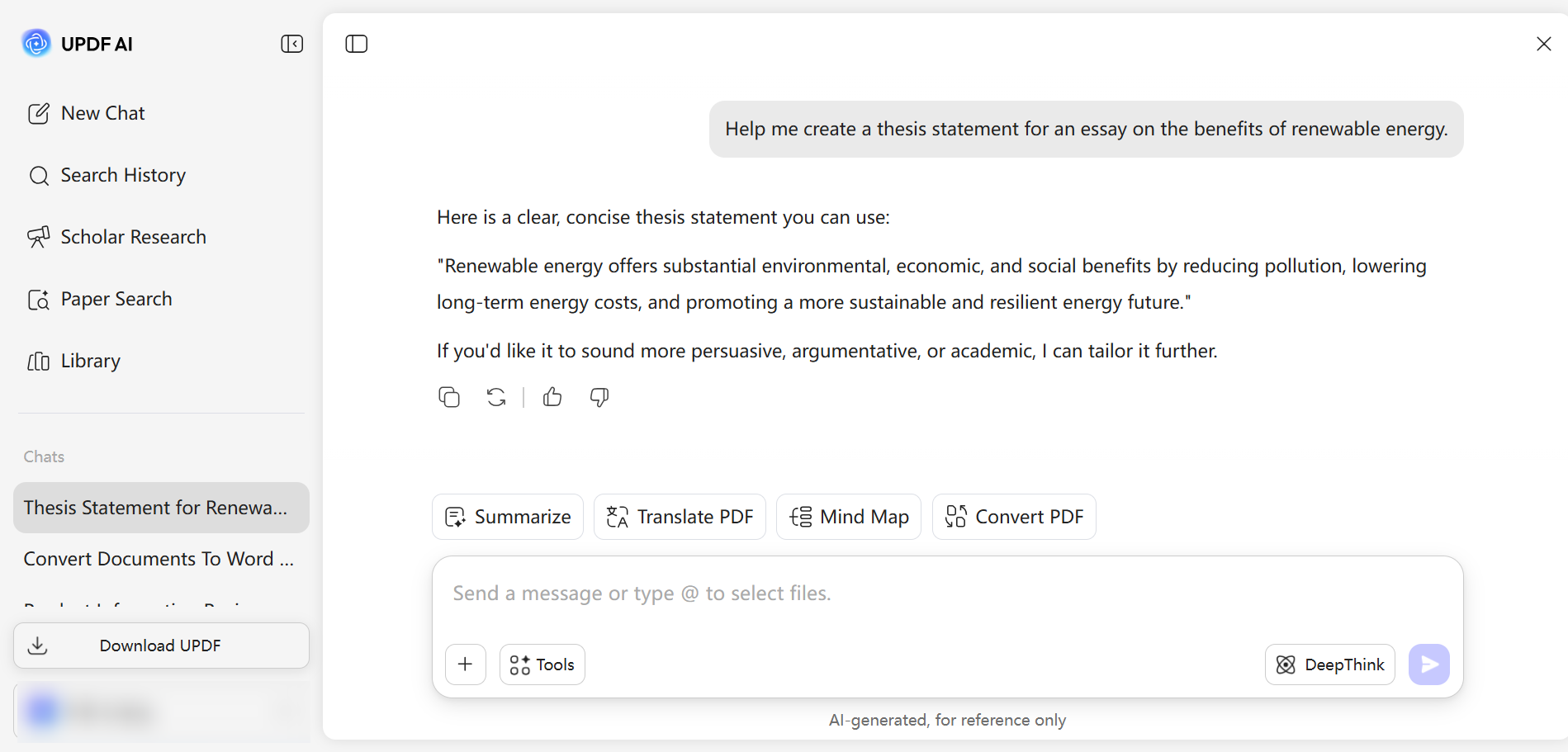 create a thesis statement with updf ai online 2