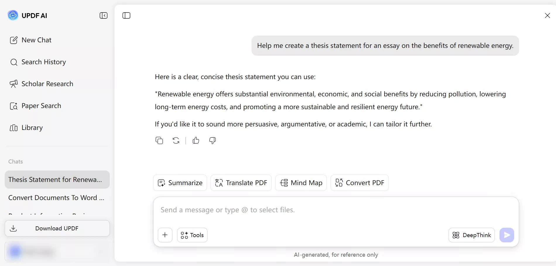 create a thesis statement with updf ai online 2