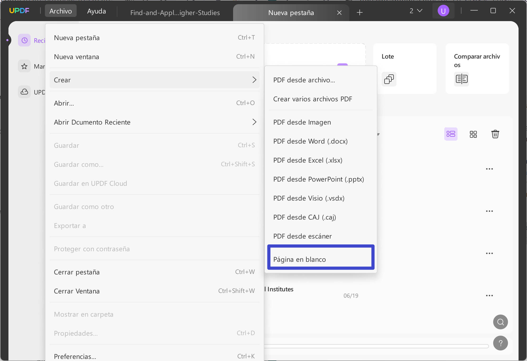 Crea un PDF en blanco con updf