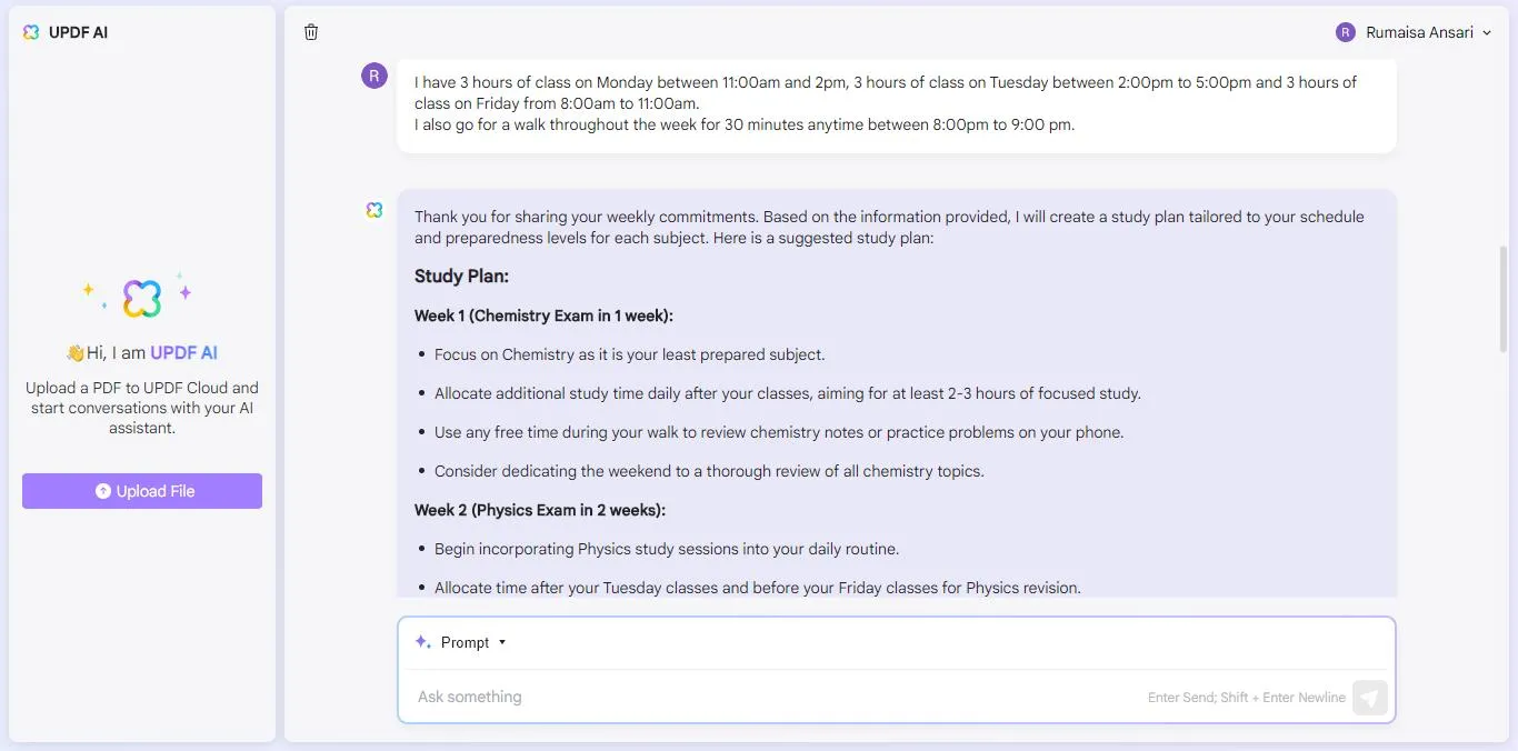 specify weekly schedule with UPDF's AI Assistant