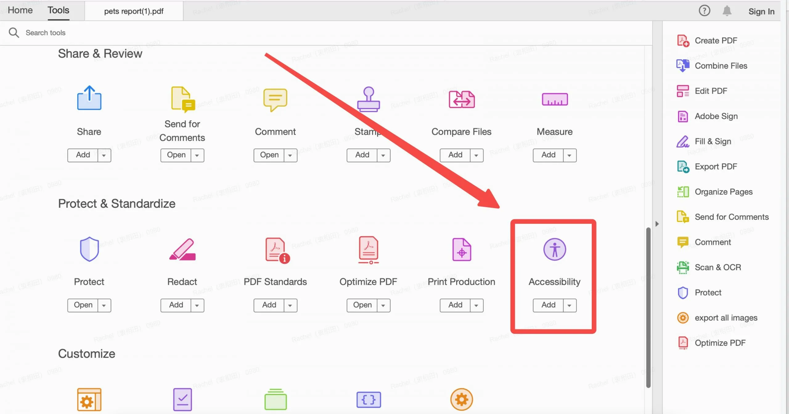 click on the accessibility in the Adobe Acrobat