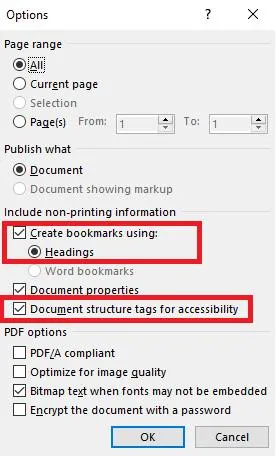 select the document structure tags accessibility in word