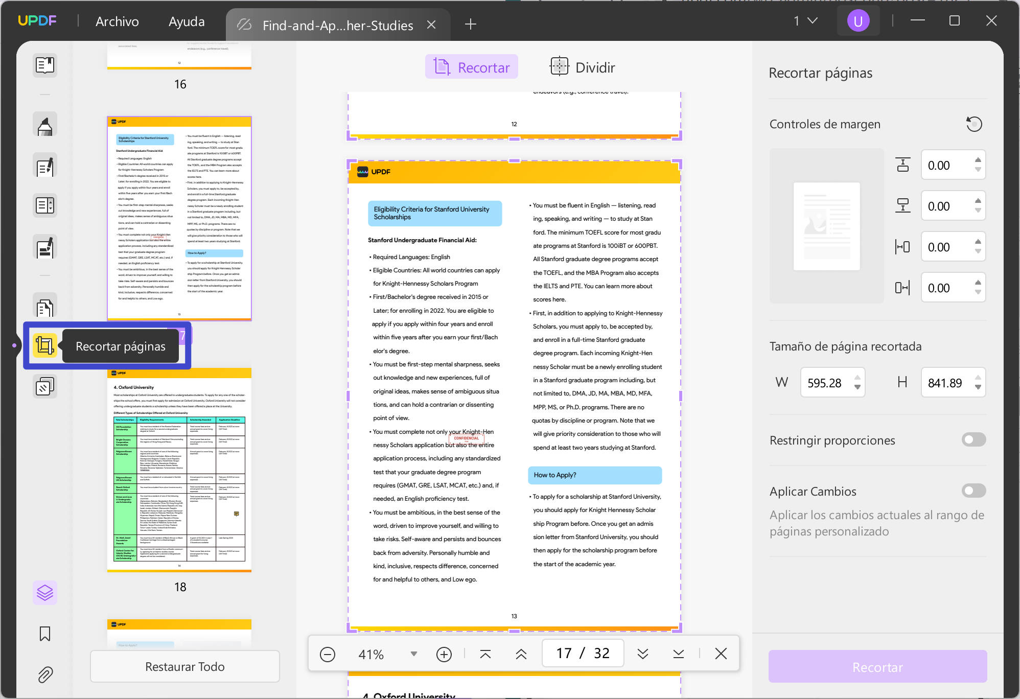 dividir pdf por tamaño recortar páginas updf