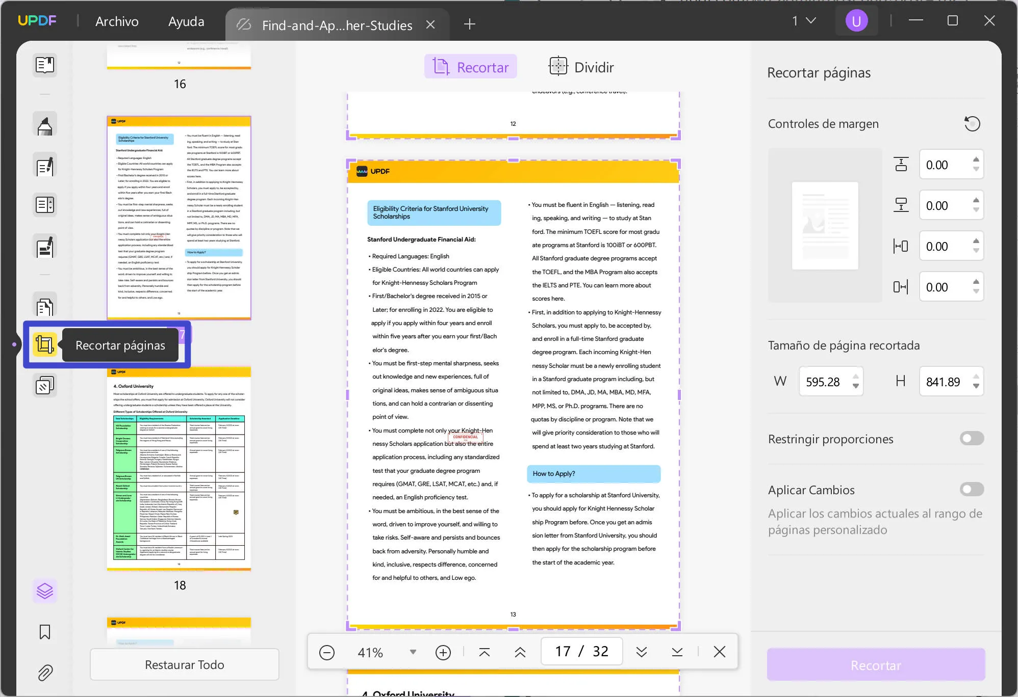 dividir pdf por tamaño recortar páginas updf