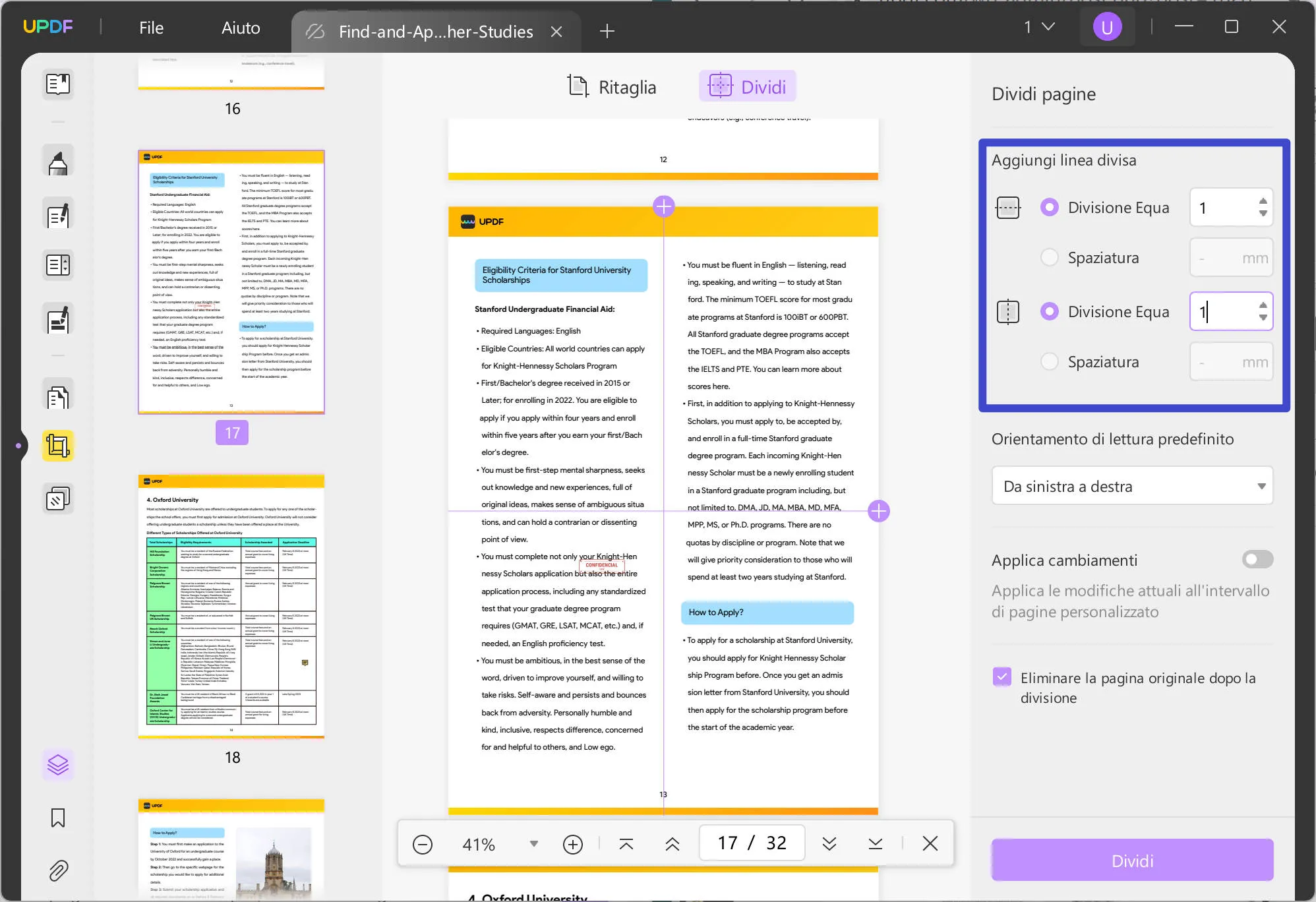 dividere il pdf per dimensione delle pagine divise