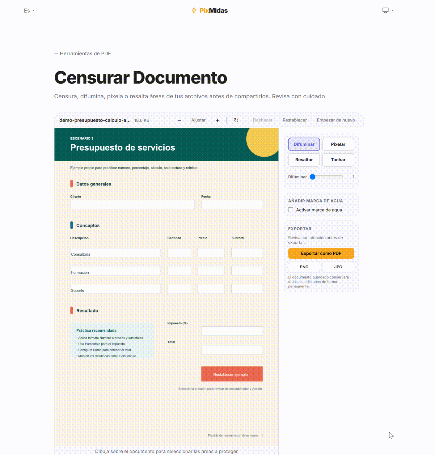 Difuminar una zona concreta del PDF con PixMidas 