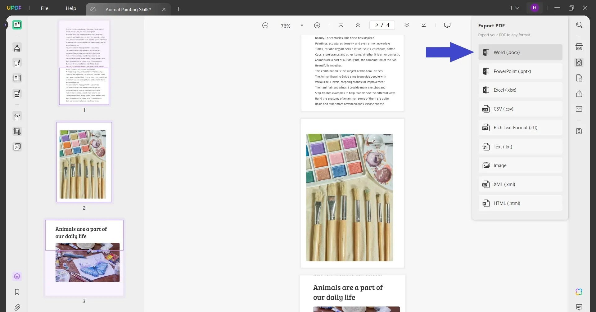 divide a word page into 4 pdf to wrod