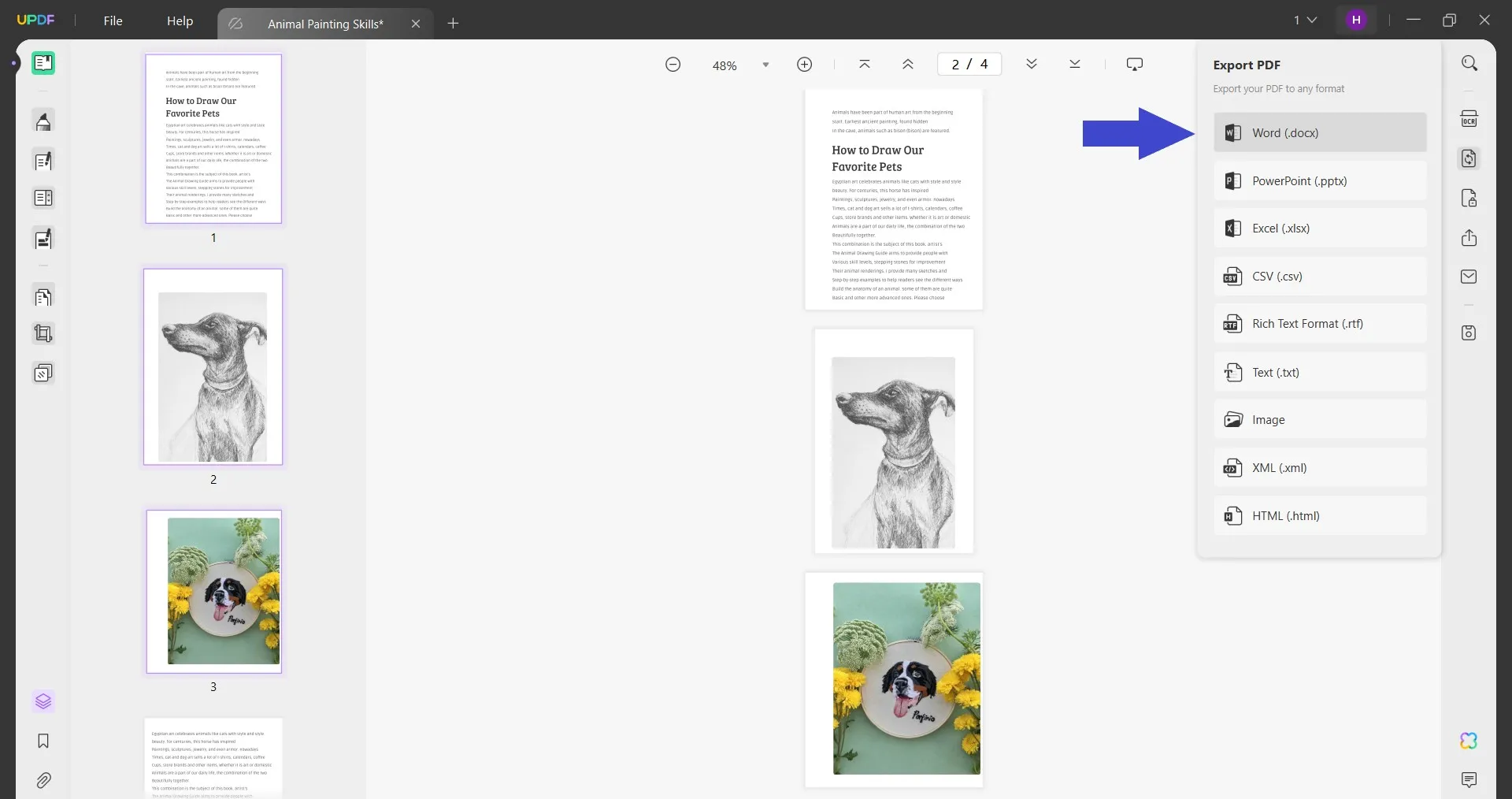 divide a word page into 4 pdf to word