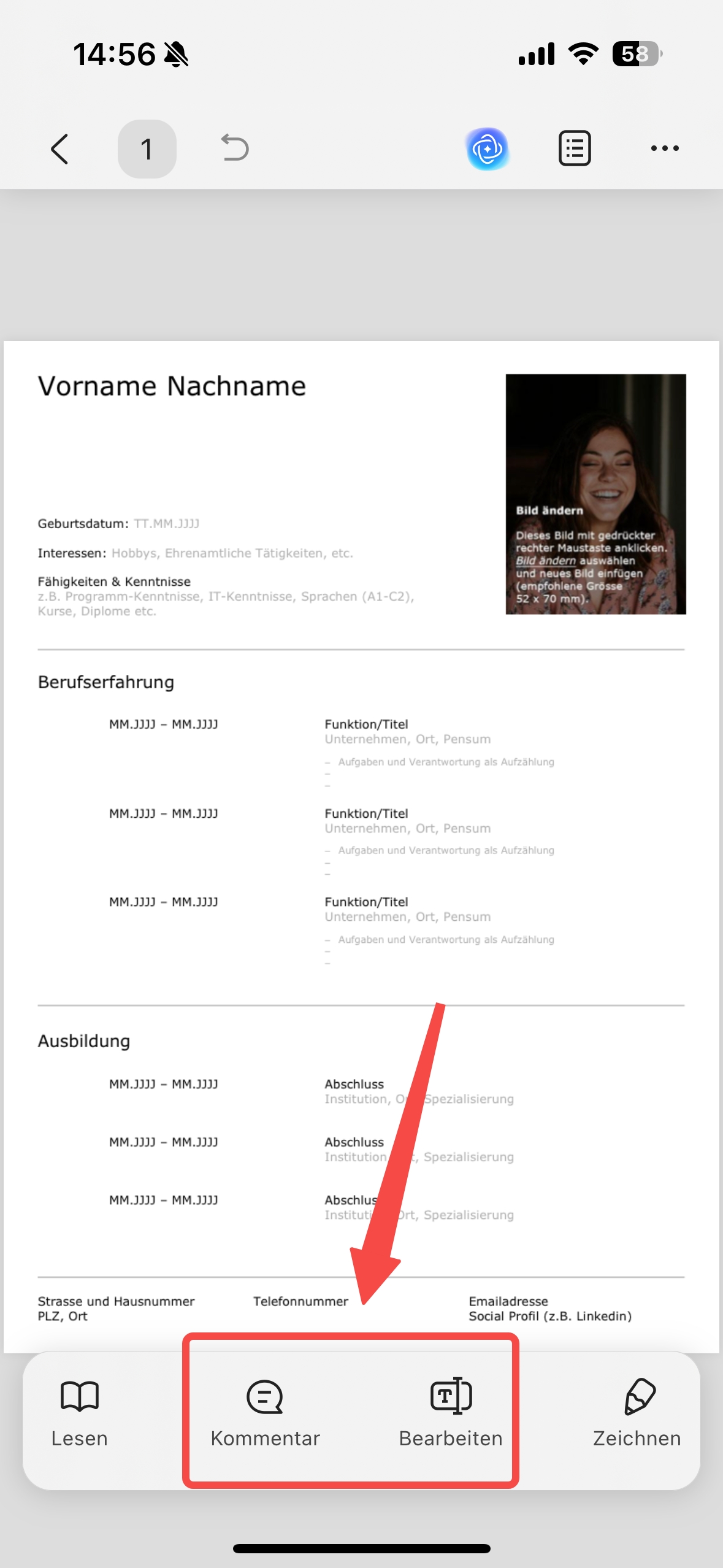 PDF-Lebenslauf auf iPhone bearbeiten