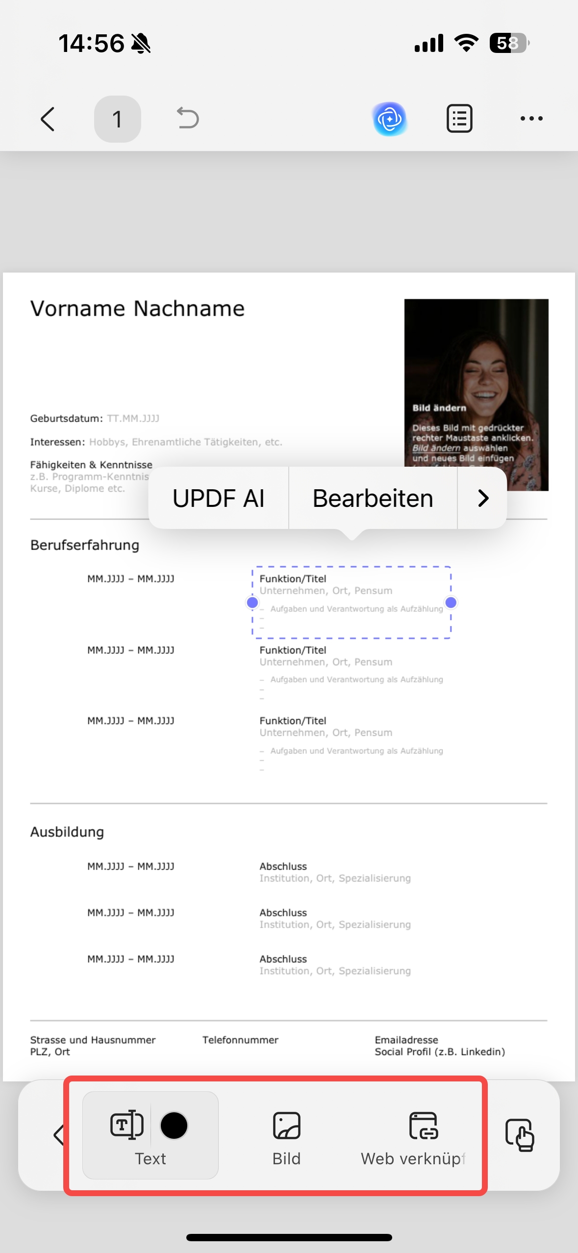 PDF-Lebenslauf auf iPhone bearbeiten