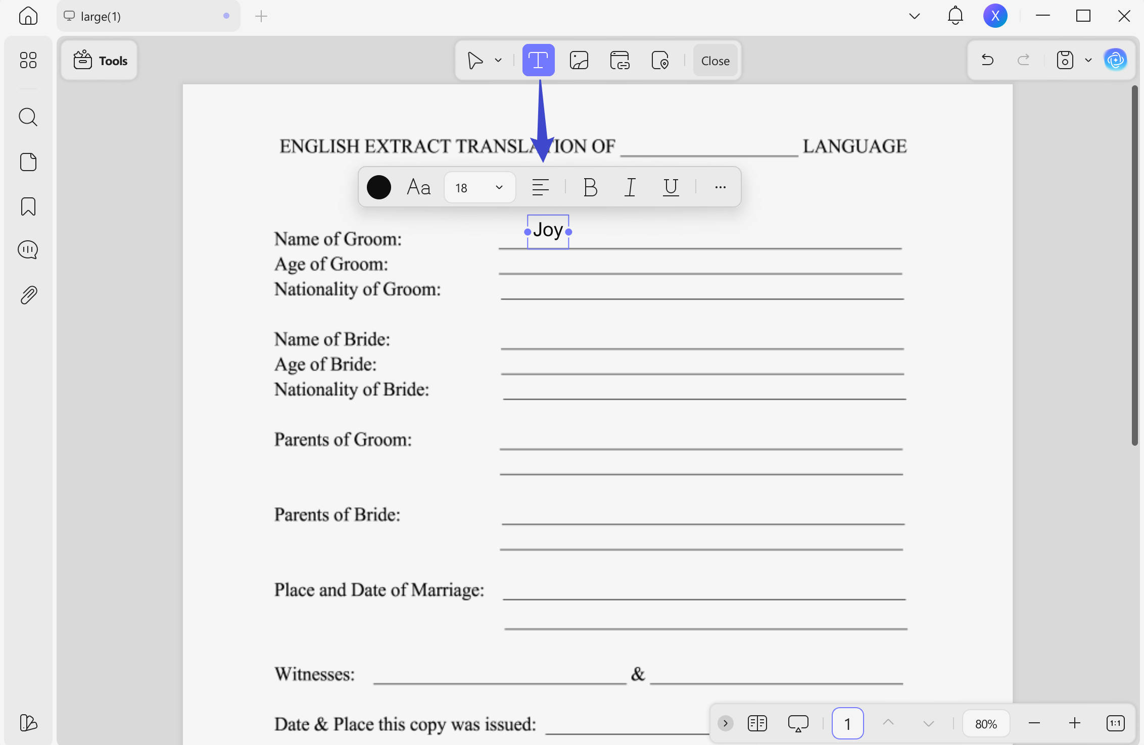 add text to fill out the marriage certificate form with UPDF