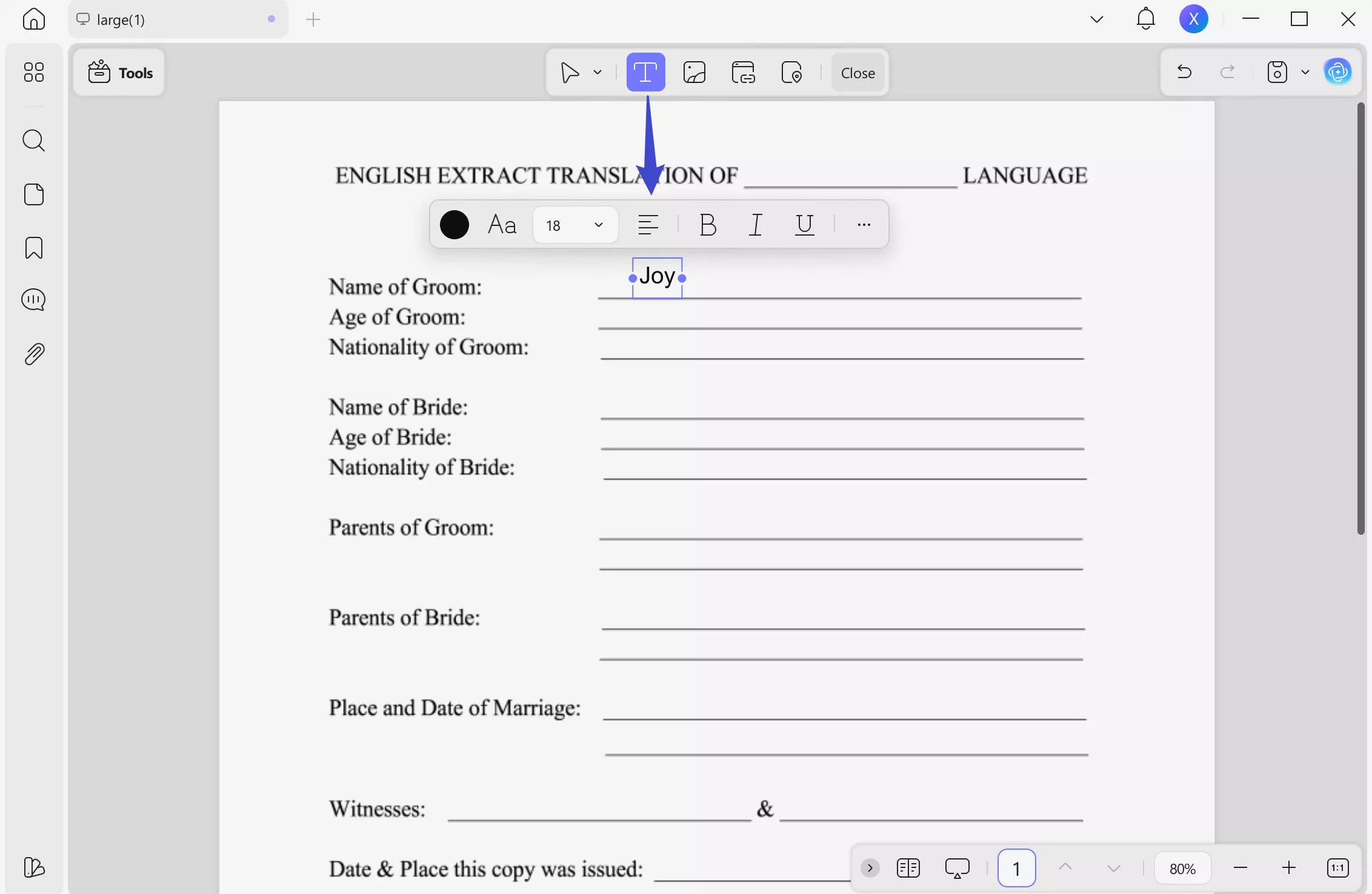 add text to fill out the marriage certificate form with UPDF
