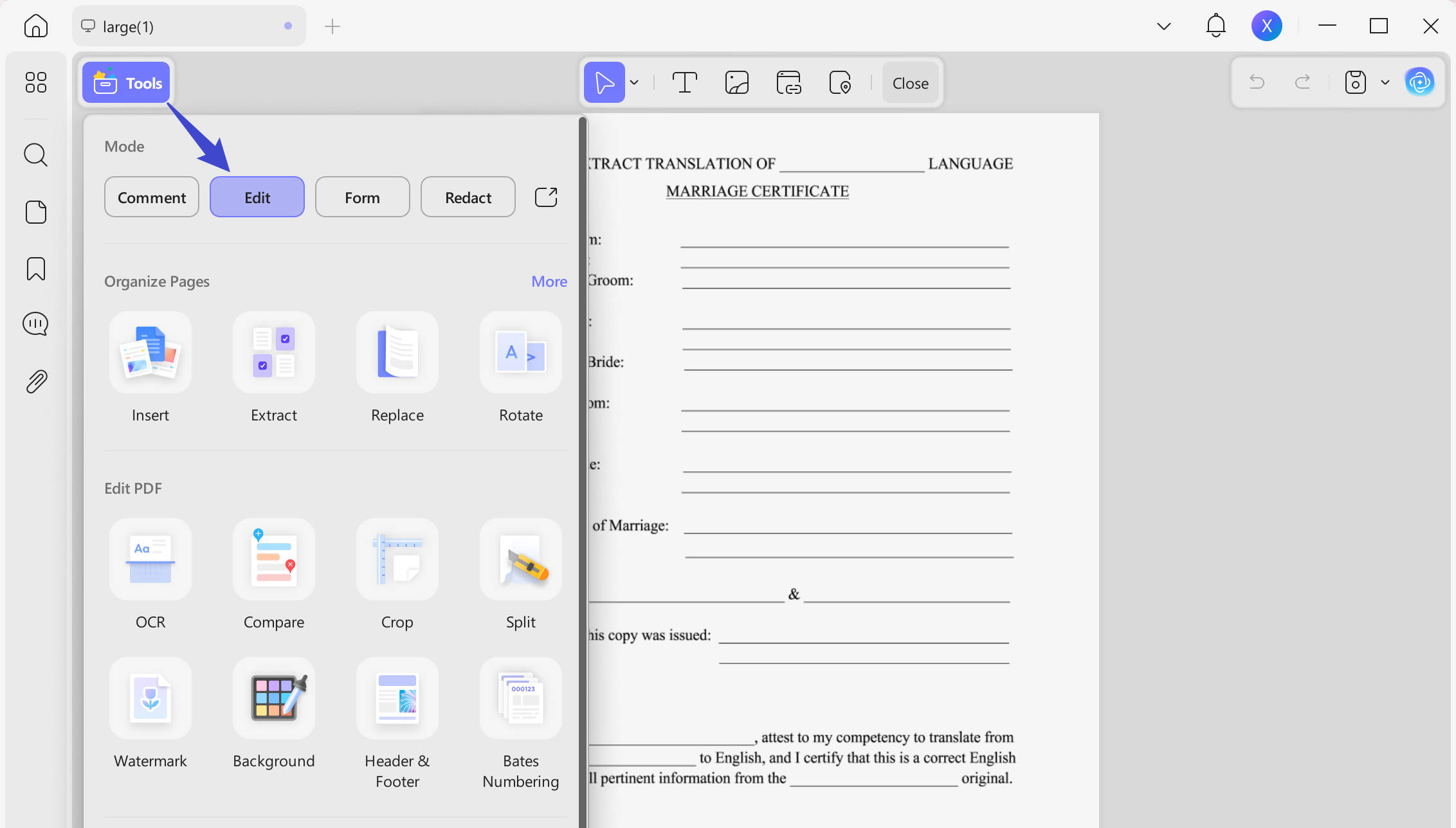 click the edit pdf button in UPDF to edit marriage certificate PDF forms