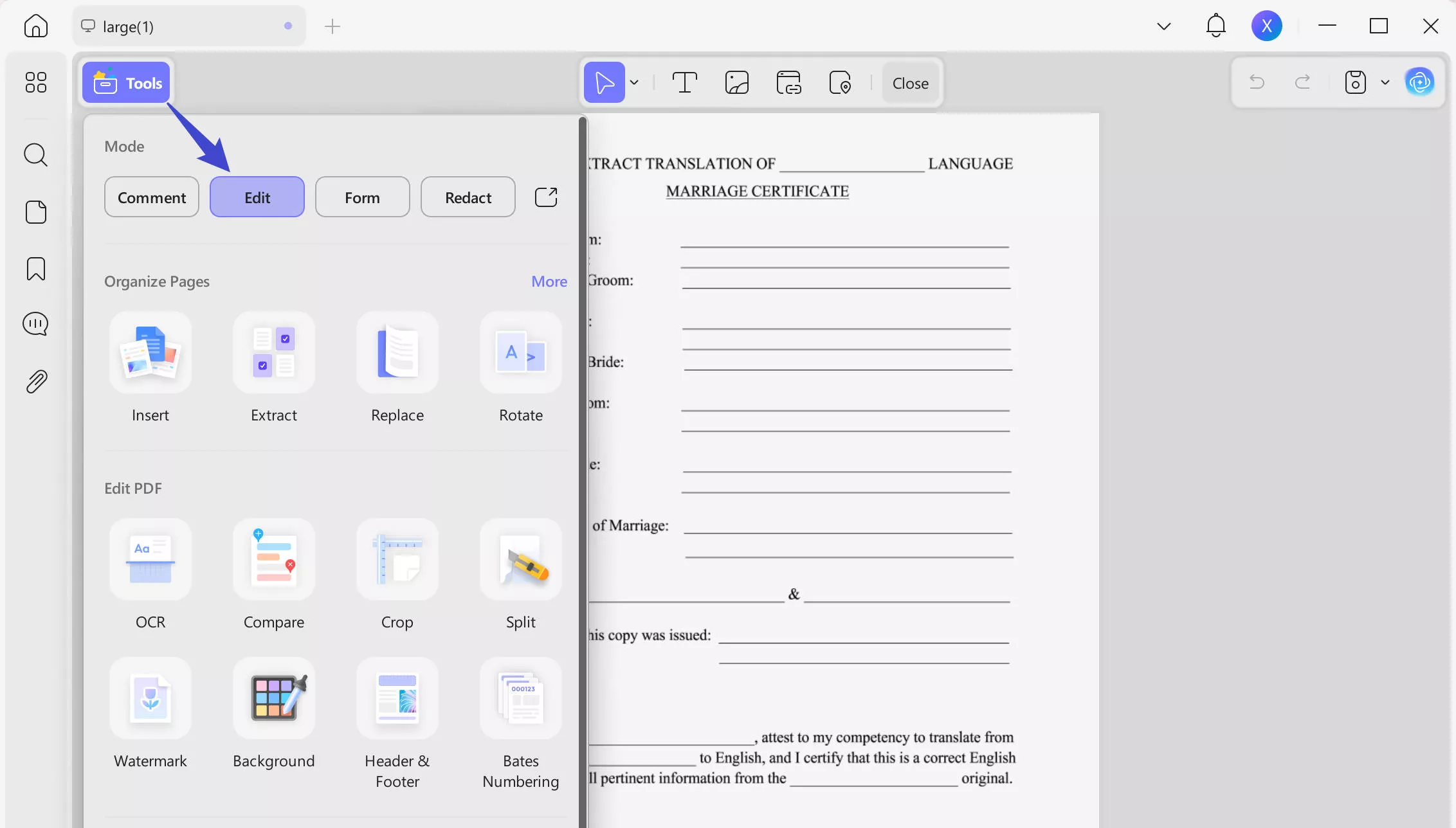 click the edit pdf button in UPDF to edit marriage certificate PDF forms