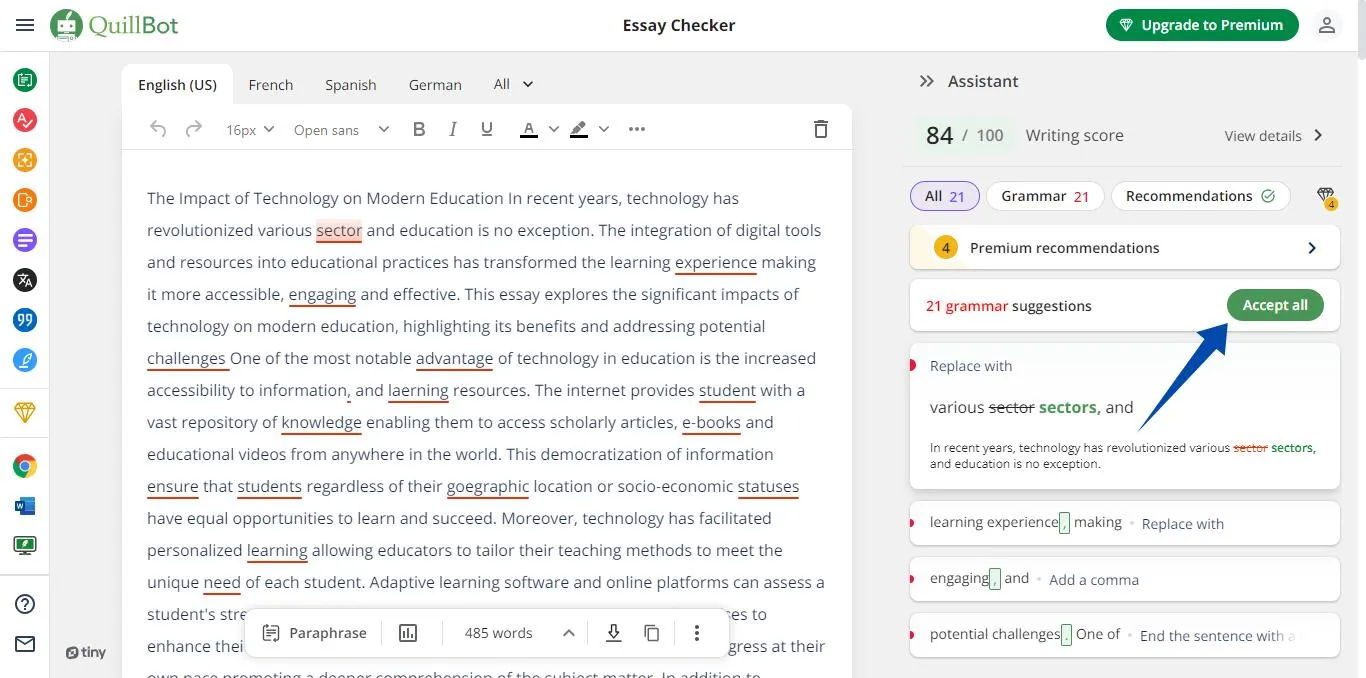 essay improver ai Accept all corrections with quillbot