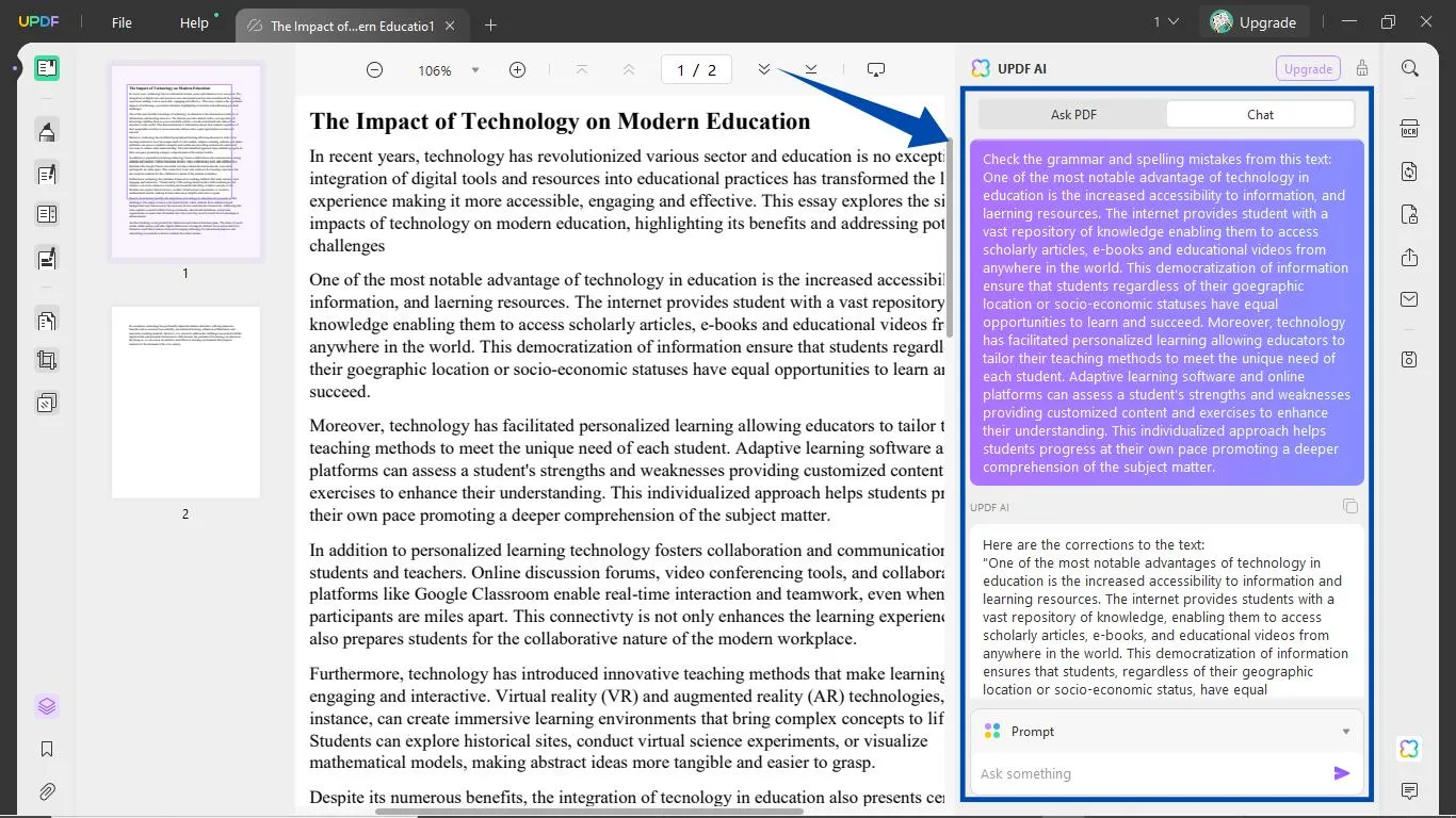 essay improver ai Check grammar and spellings with UPDF's AI Assistant