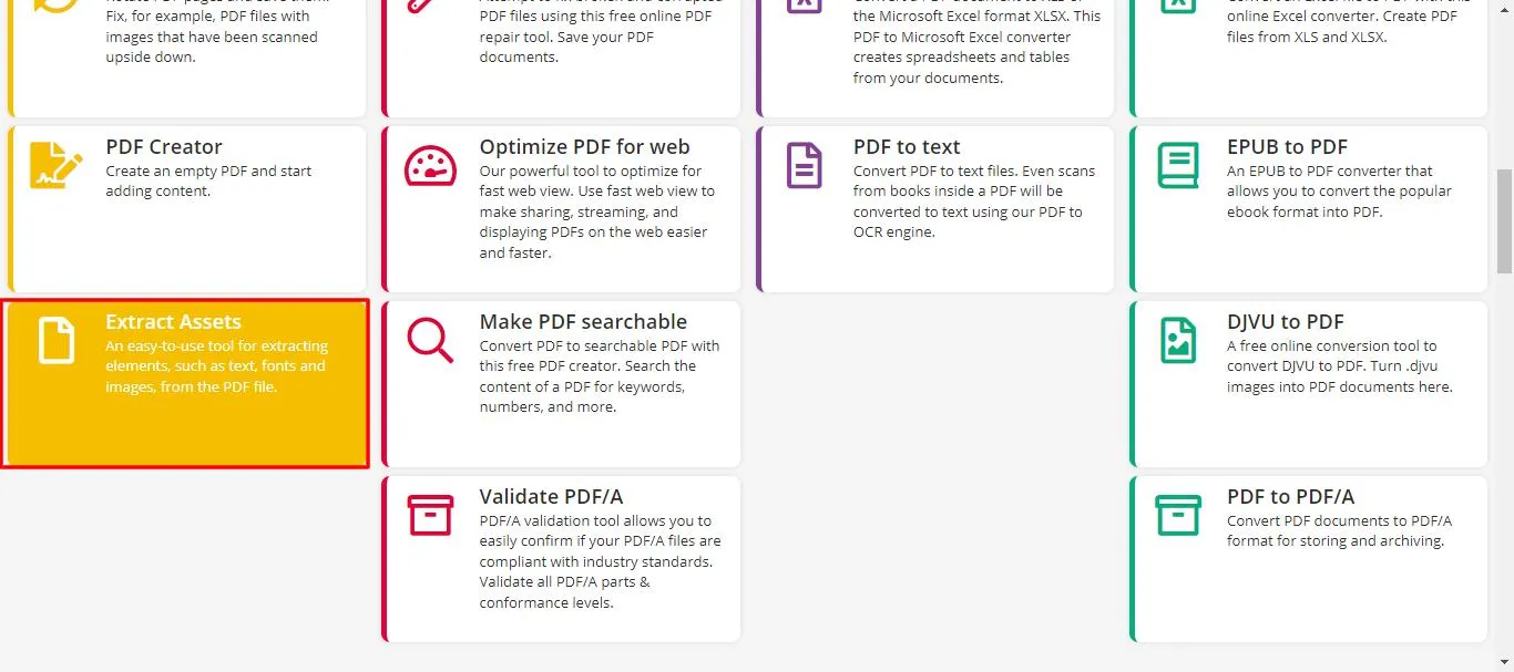 Extract images from PDF online click extract assets with pdf2go
