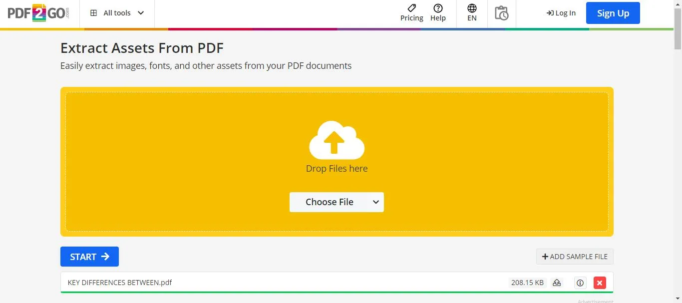Extract images from PDF online upload a file and start the process with pdf2go