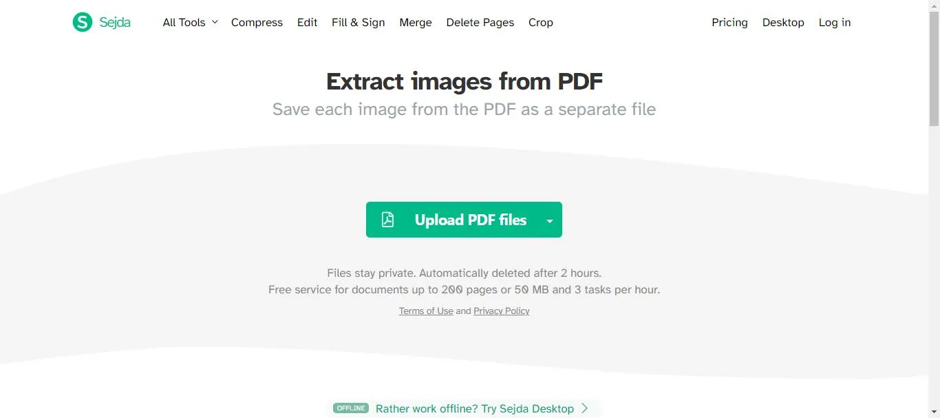 Extract images from PDF online click upload pdf files with sejda