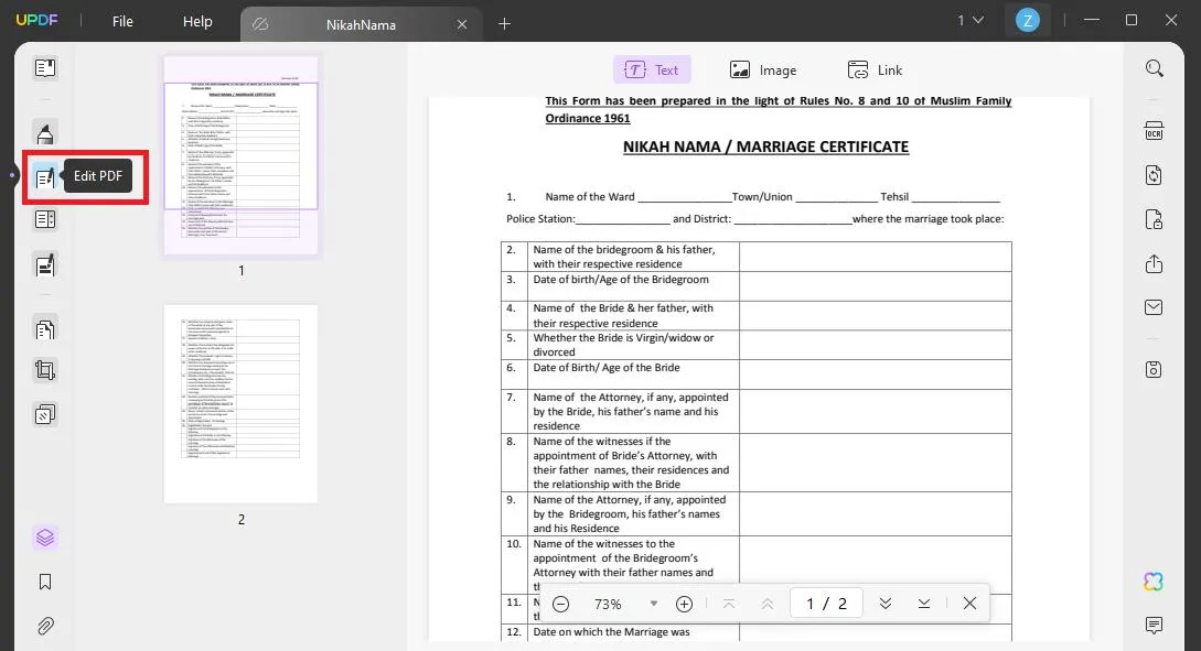 click the edit pdf button in UPDF to edit marriage certificate PDF forms