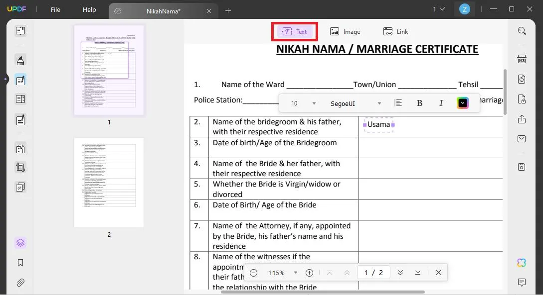 add text to fill out the marriage certificate form with UPDF